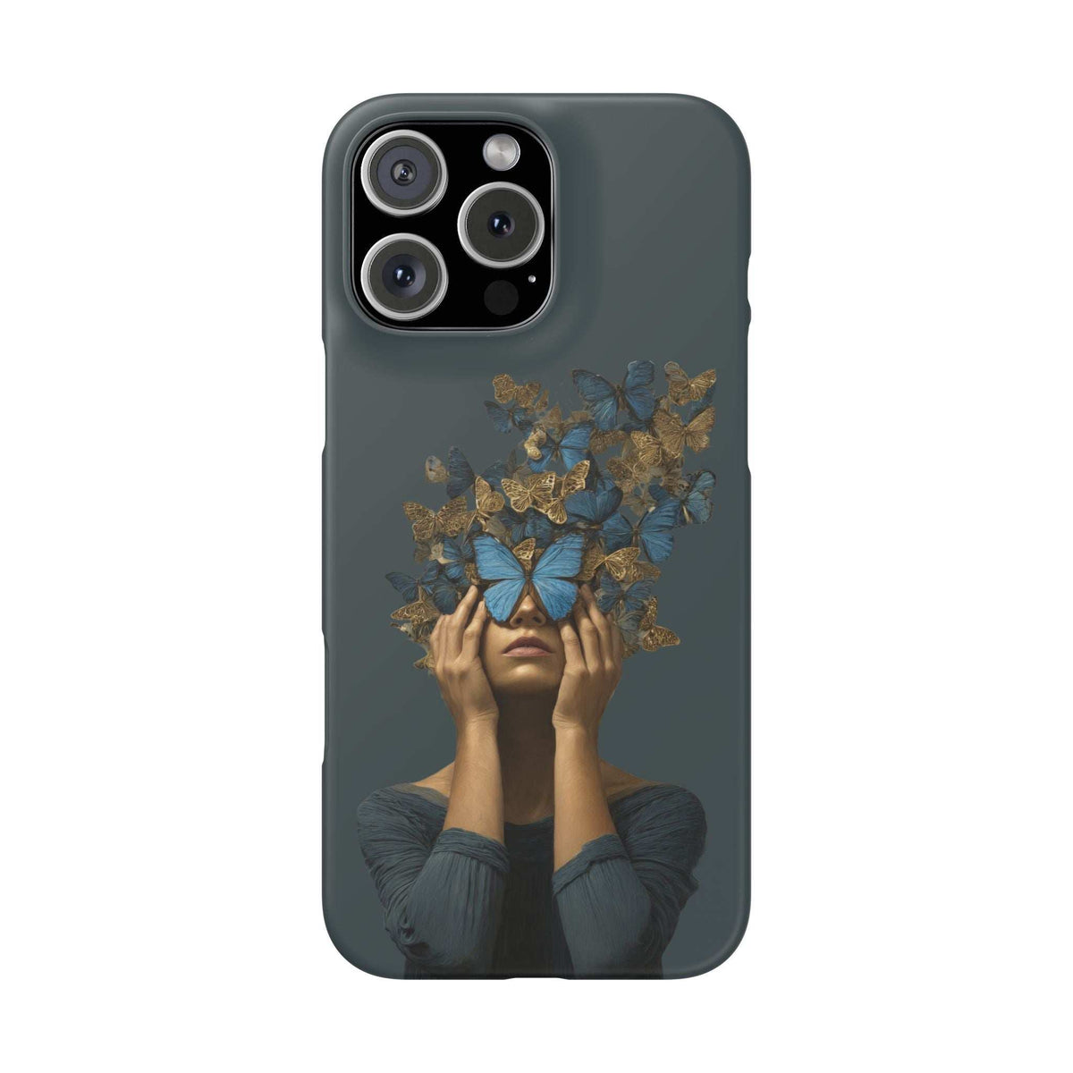 Dark gray phone case with gold-and-blue butterfly portrait; triple camera cutouts on back.