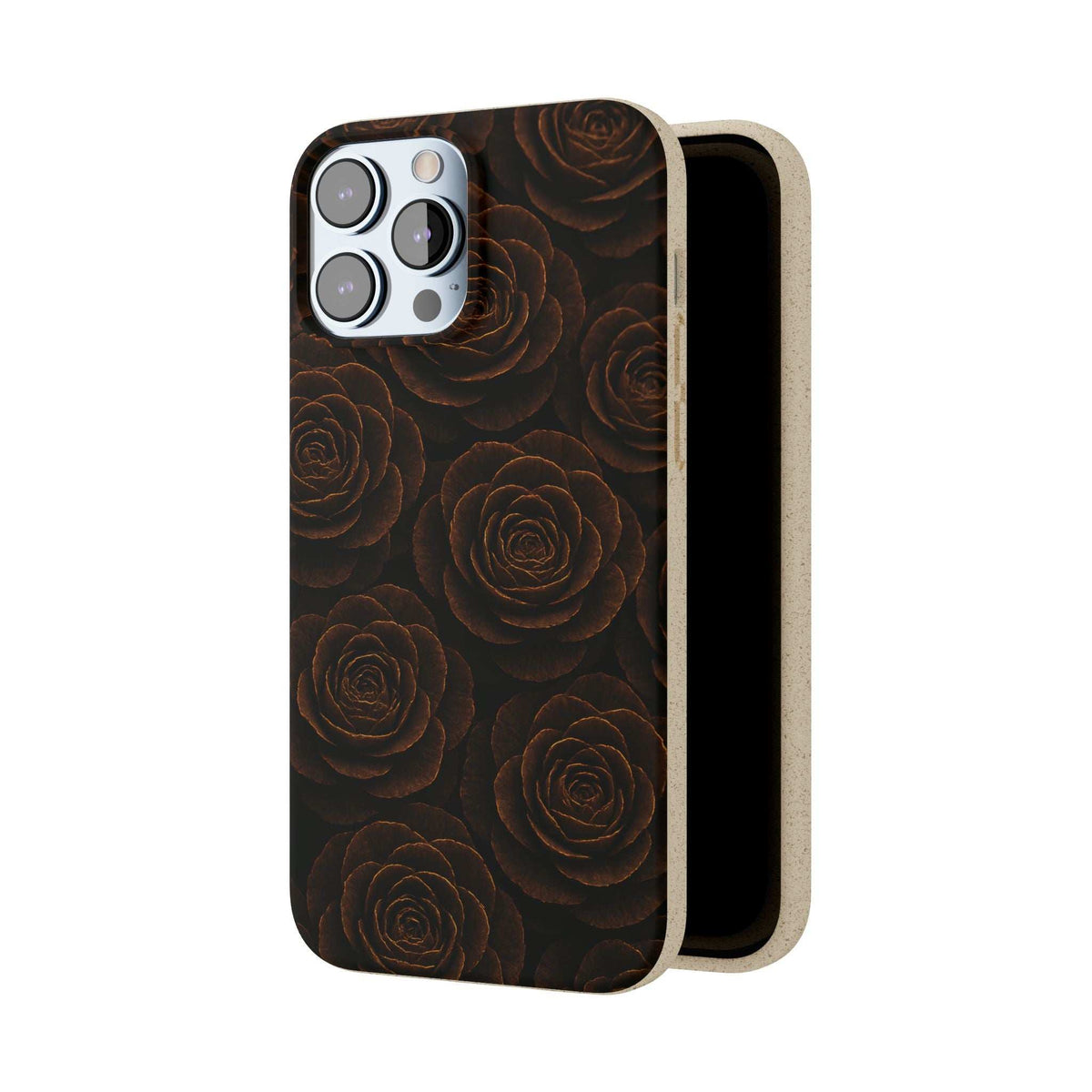Wooden rose-pattern phone case, dark floral back with multi-camera cutouts
