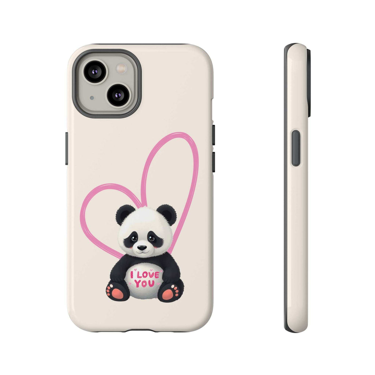 Cream phone case with panda inside pink heart; “I LOVE YOU” text; side view