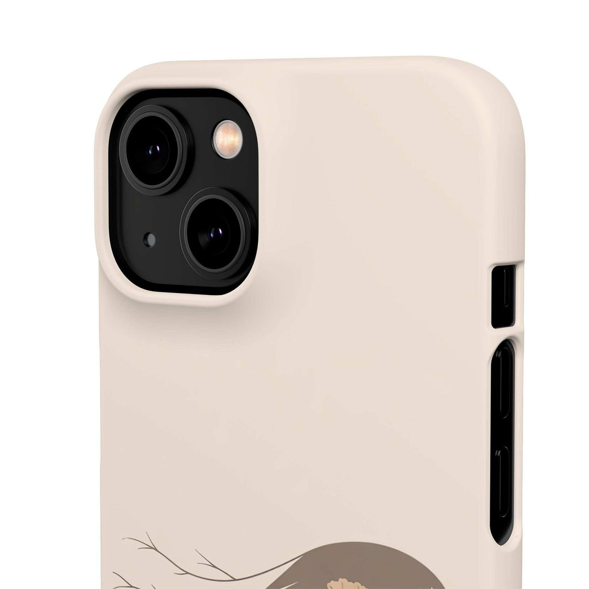 Beige phone case with black dual-camera module and side buttons; flower-and-vine graphic