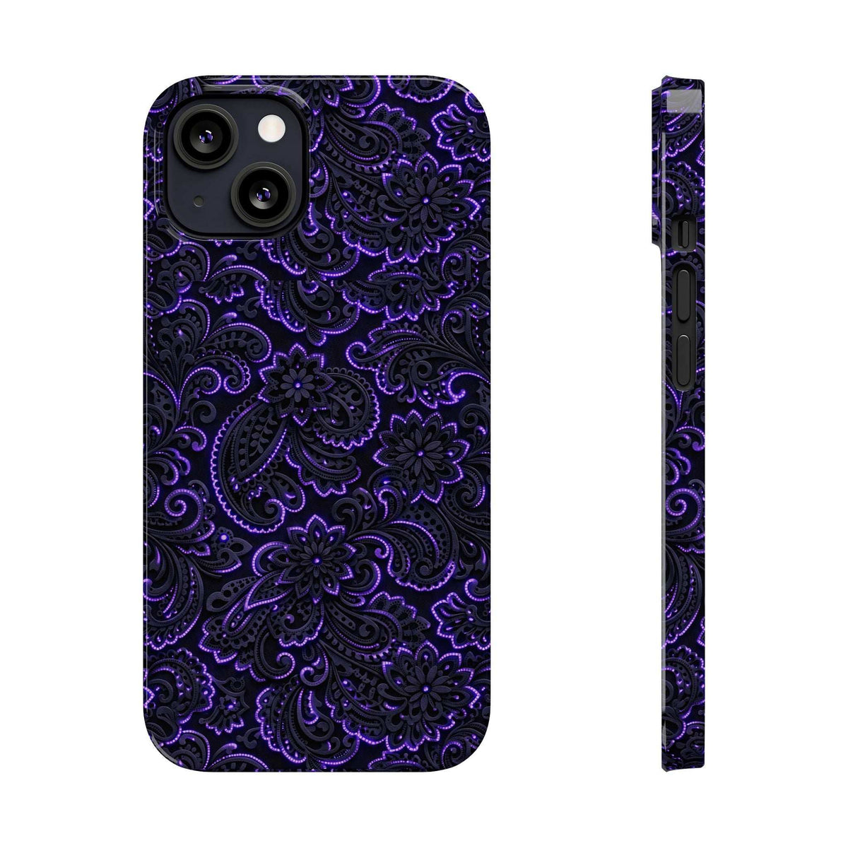 Phone case with neon purple paisley pattern on dark background, front and side views.
