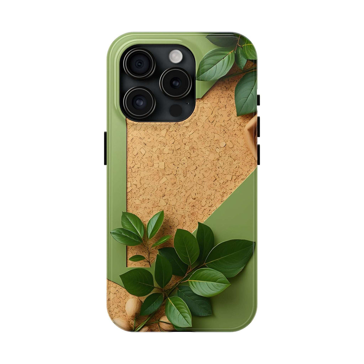 Green eco phone case with cork-like texture, leaf pattern, and multi-lens camera cutout