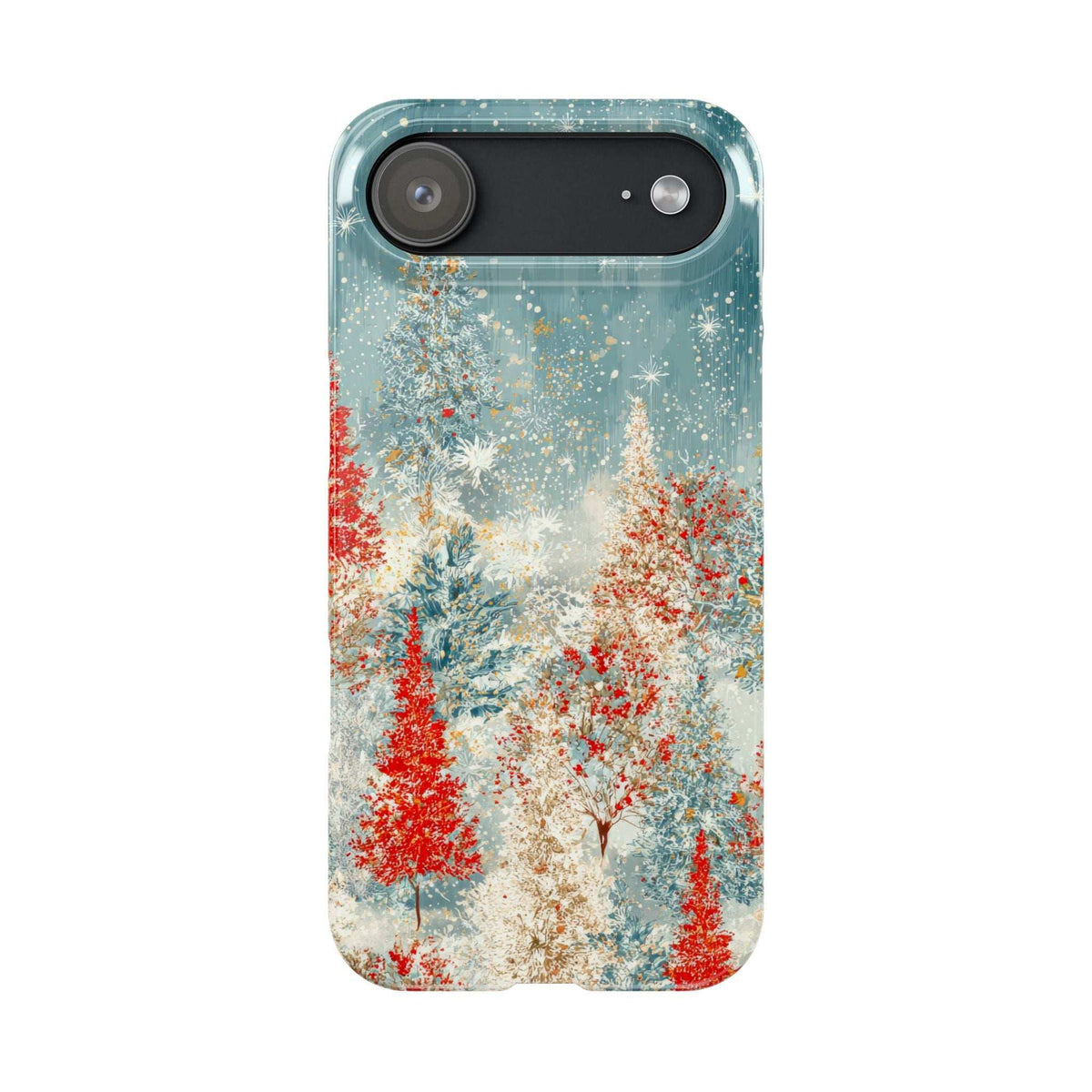 Snowy forest phone case, blue snowy forest print with red trees, raised camera cover