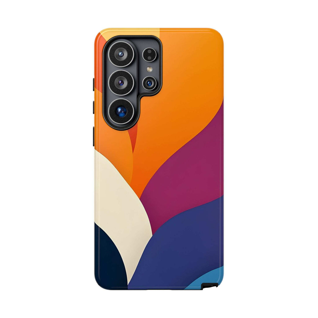 Phone case with abstract orange, purple, and navy geometric pattern and camera cutouts