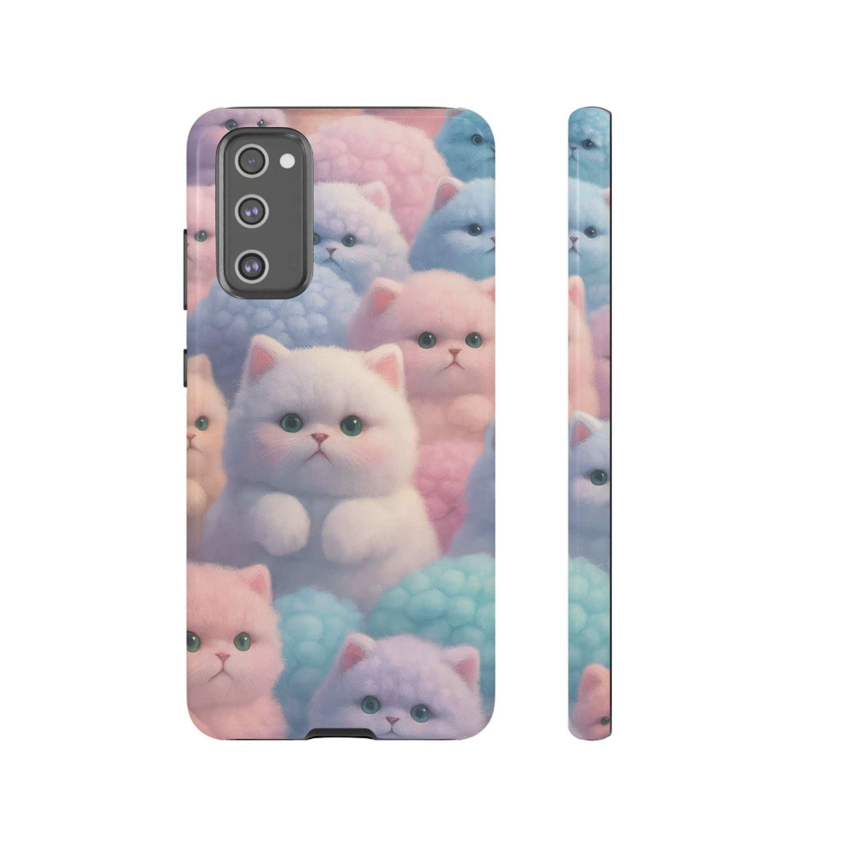 Glossy phone case with pastel kittens in soft pink and blue, front view and thin side