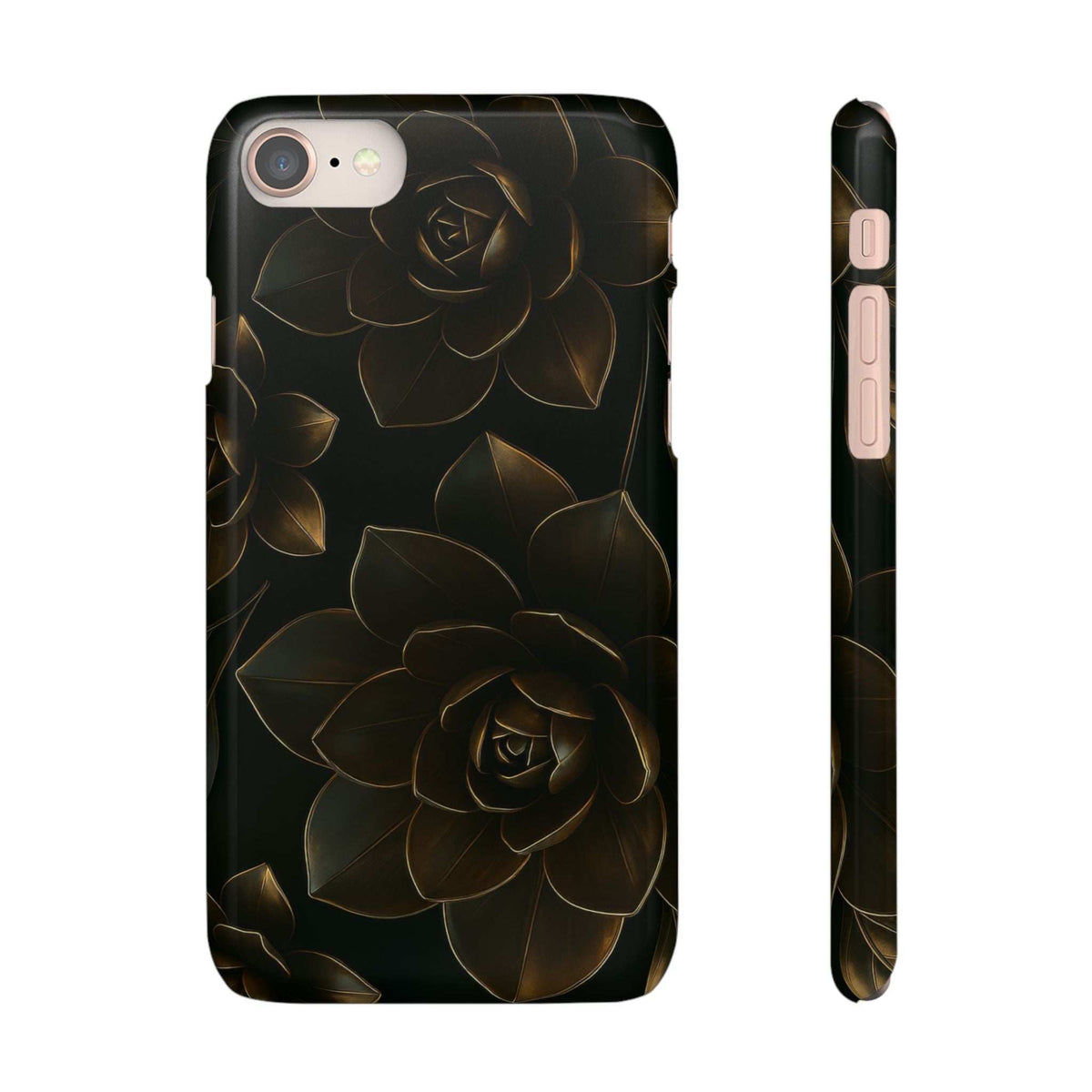 Black glossy phone case with gold rose pattern; side buttons and top camera cutout