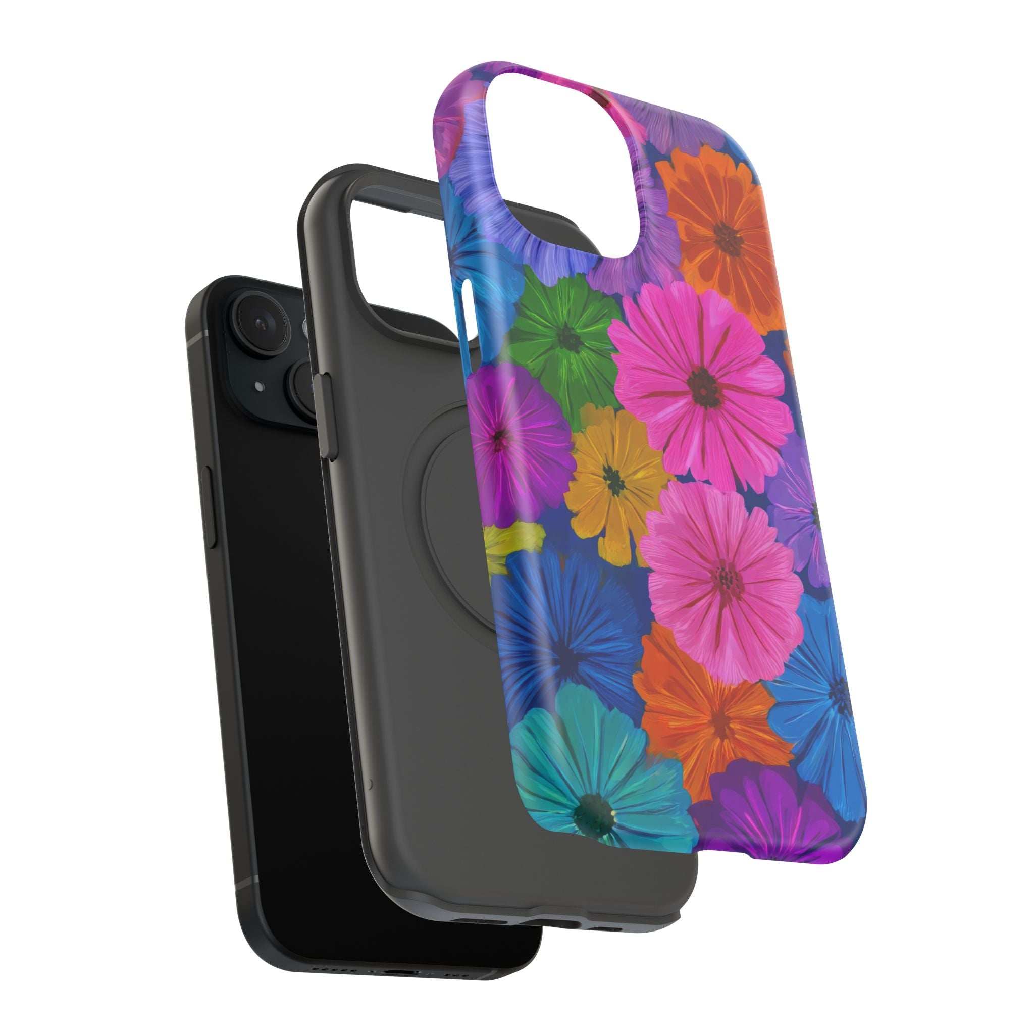 Bloom floral phone case with colorful flower pattern, raised camera cutout