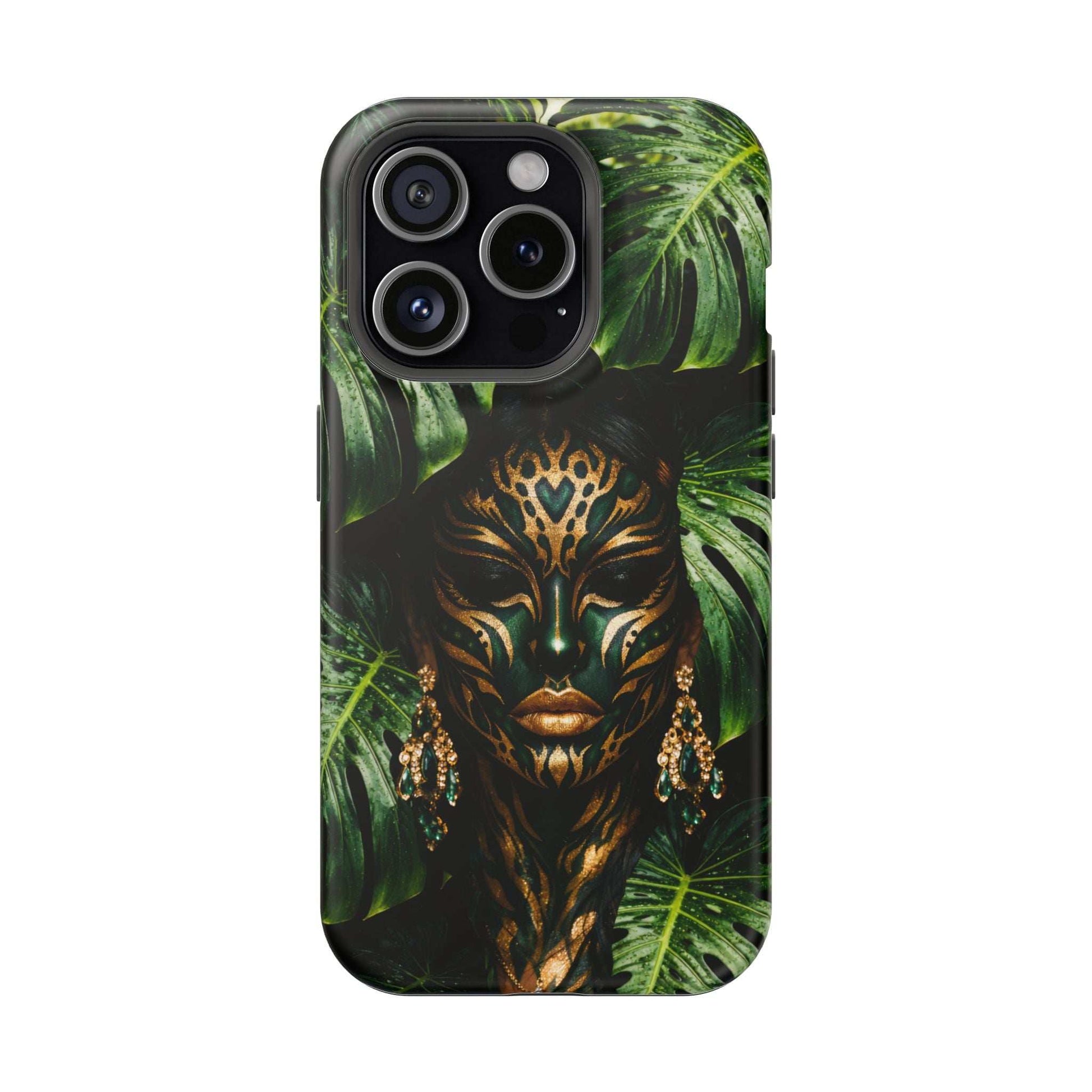 Jungle mask phone case with green leaf pattern and gold face, raised camera cutouts