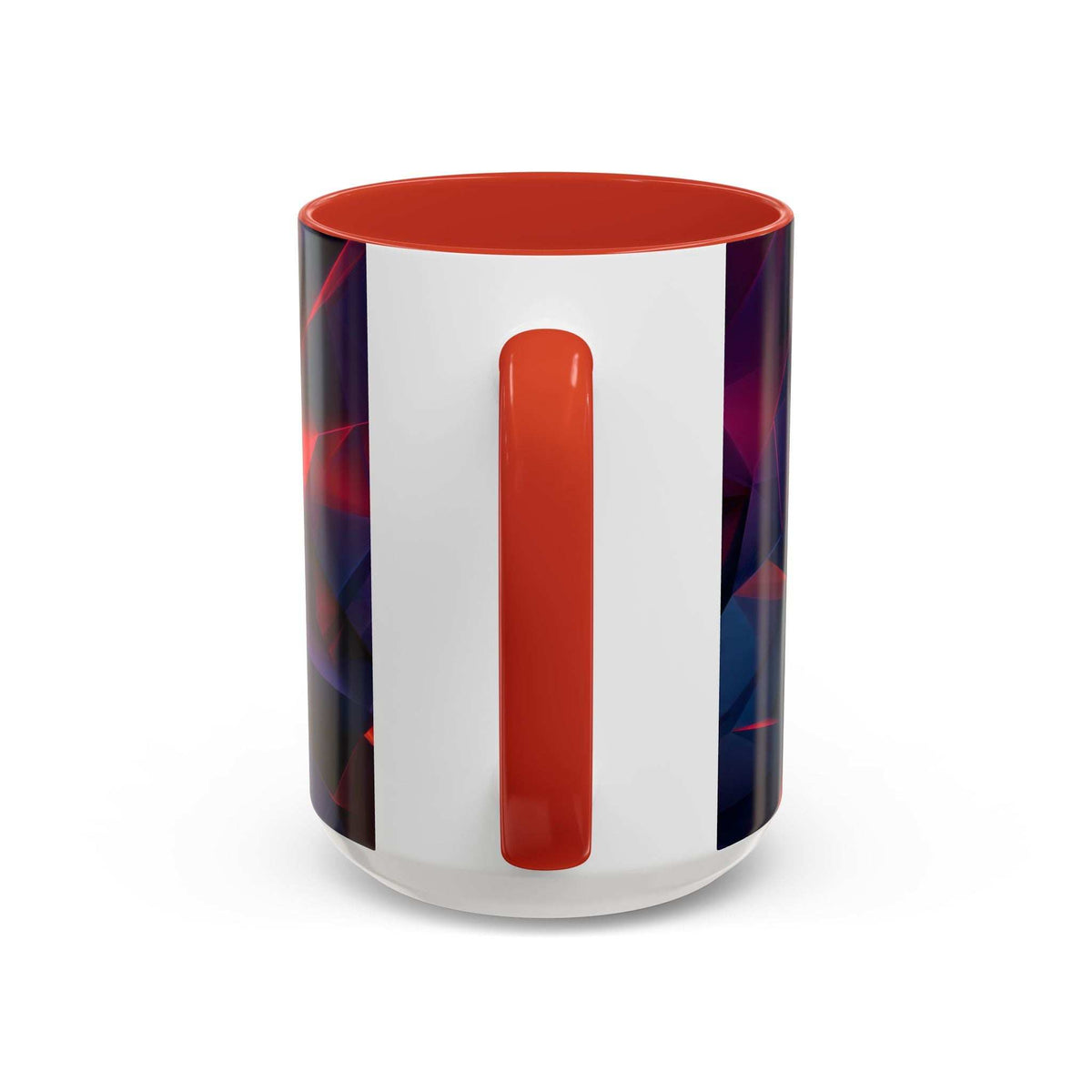 Ceramic mug with orange rim and vertical orange stripe, white body with red and blue geometric print