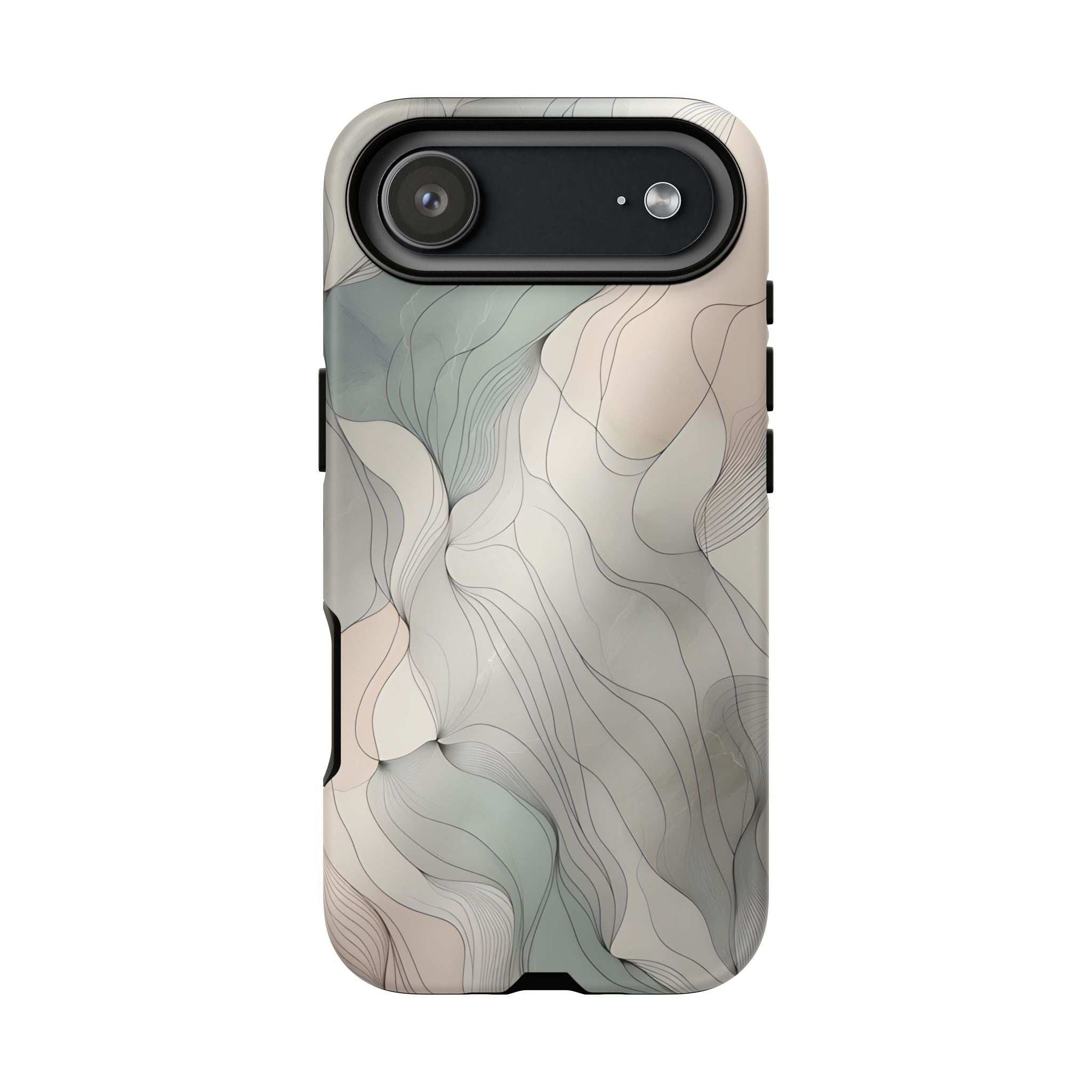 Pastel wave phone case featuring wide camera module and flash, light neutral back.