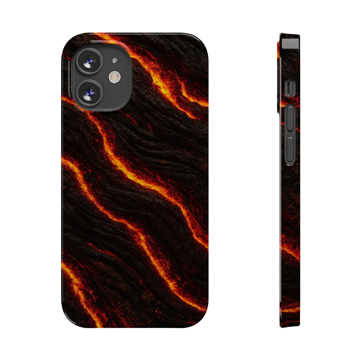 Black iPhone phone case with orange lava wave pattern; raised camera cutouts and buttons.