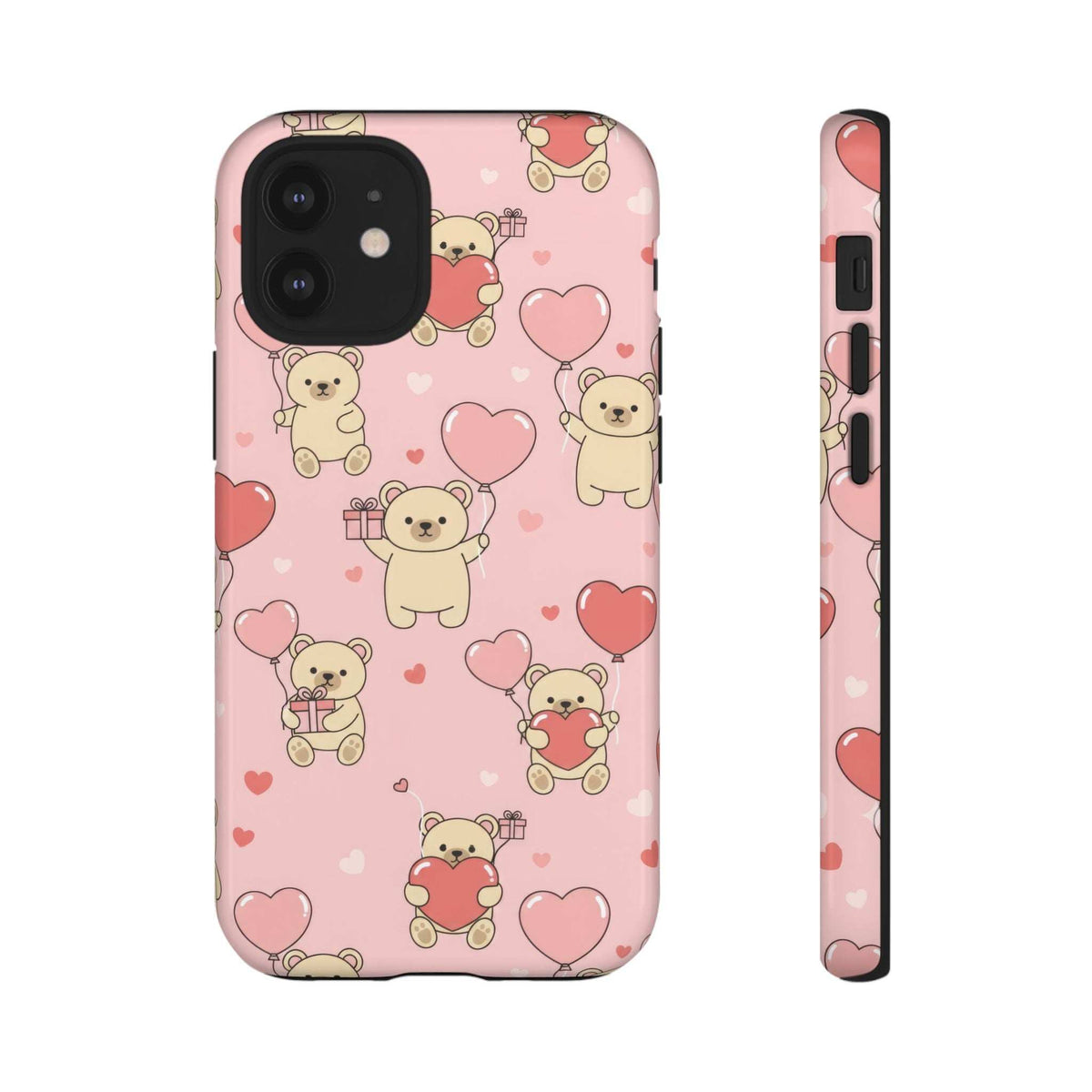 Pink phone case with teddy bear and heart pattern, full back view with camera cutouts