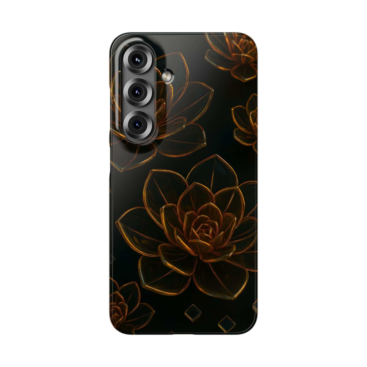 Glossy black glass phone case featuring amber lotus flower and side camera openings