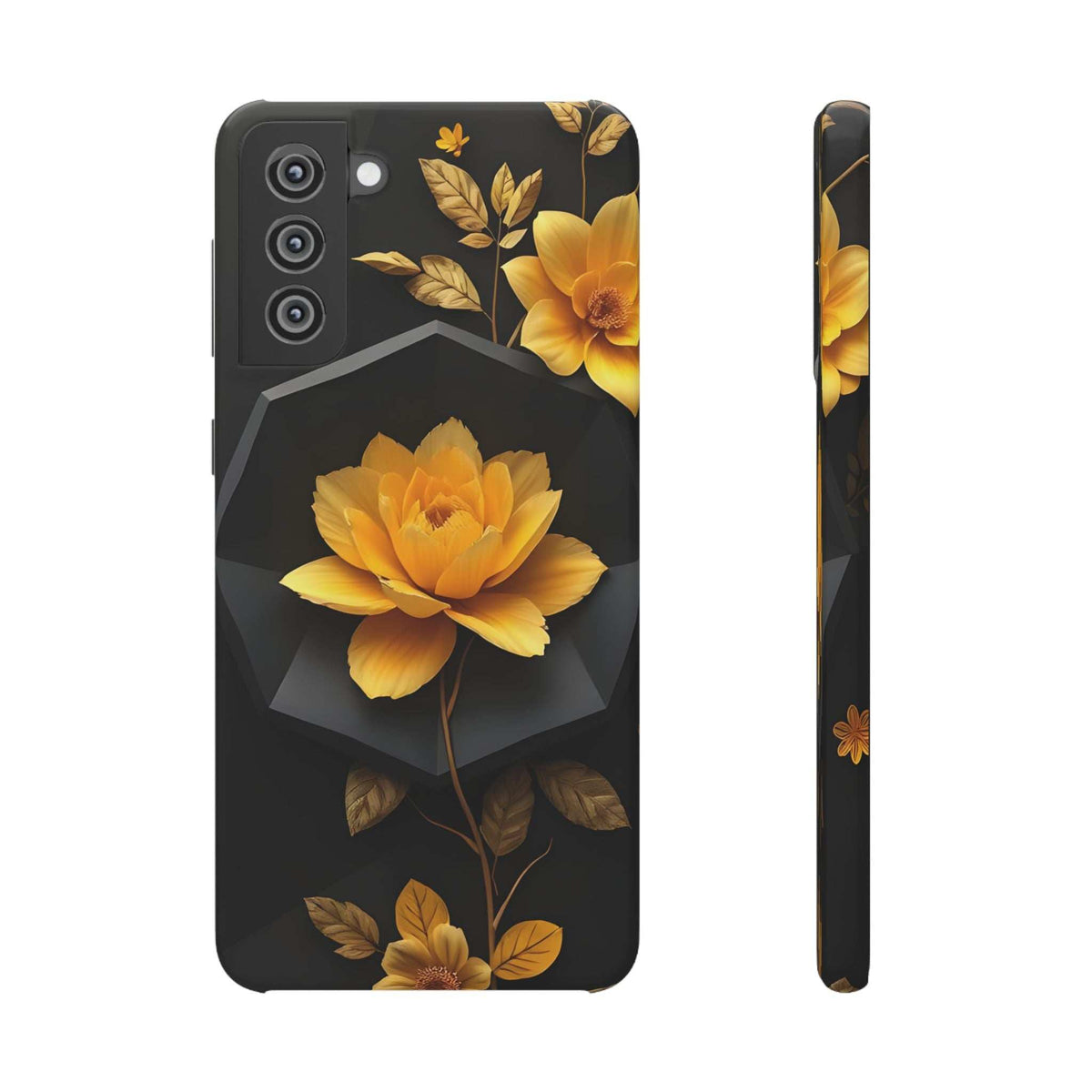 Black phone case with yellow floral design, camera lenses and flash cutout
