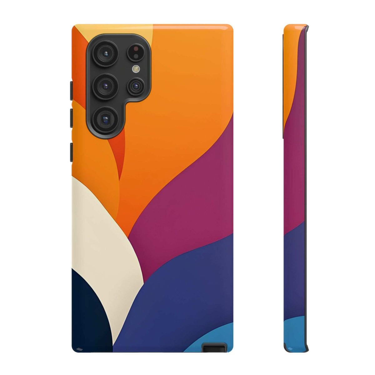 Phone case with orange and magenta abstract shapes on cream and navy; front with camera area.