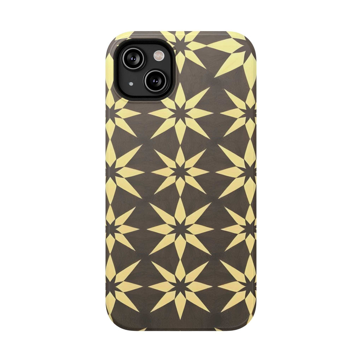 Black and gold star geometric phone case with dual camera and flash openings