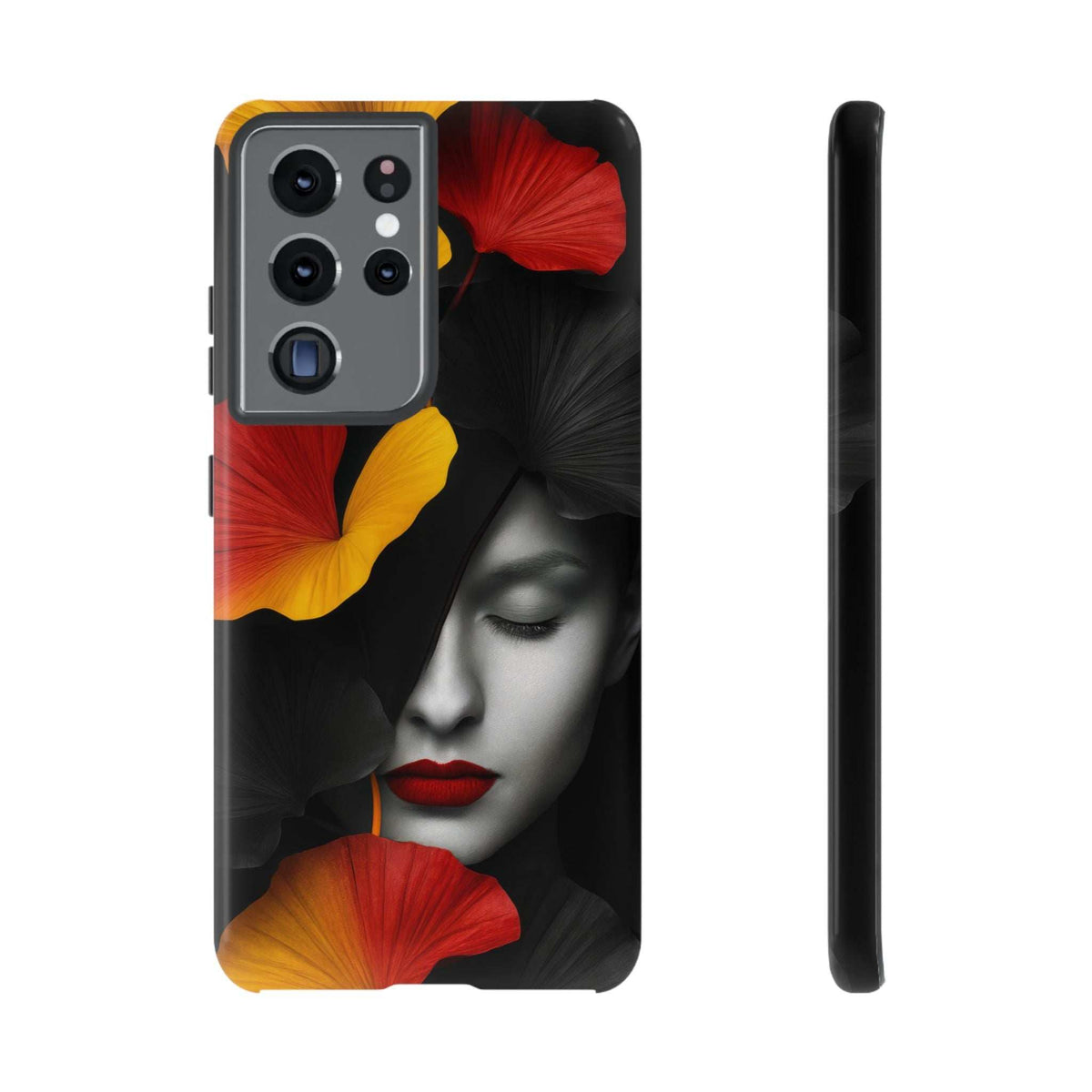 Glossy phone case with black floral lady face art, red lips, camera cutouts
