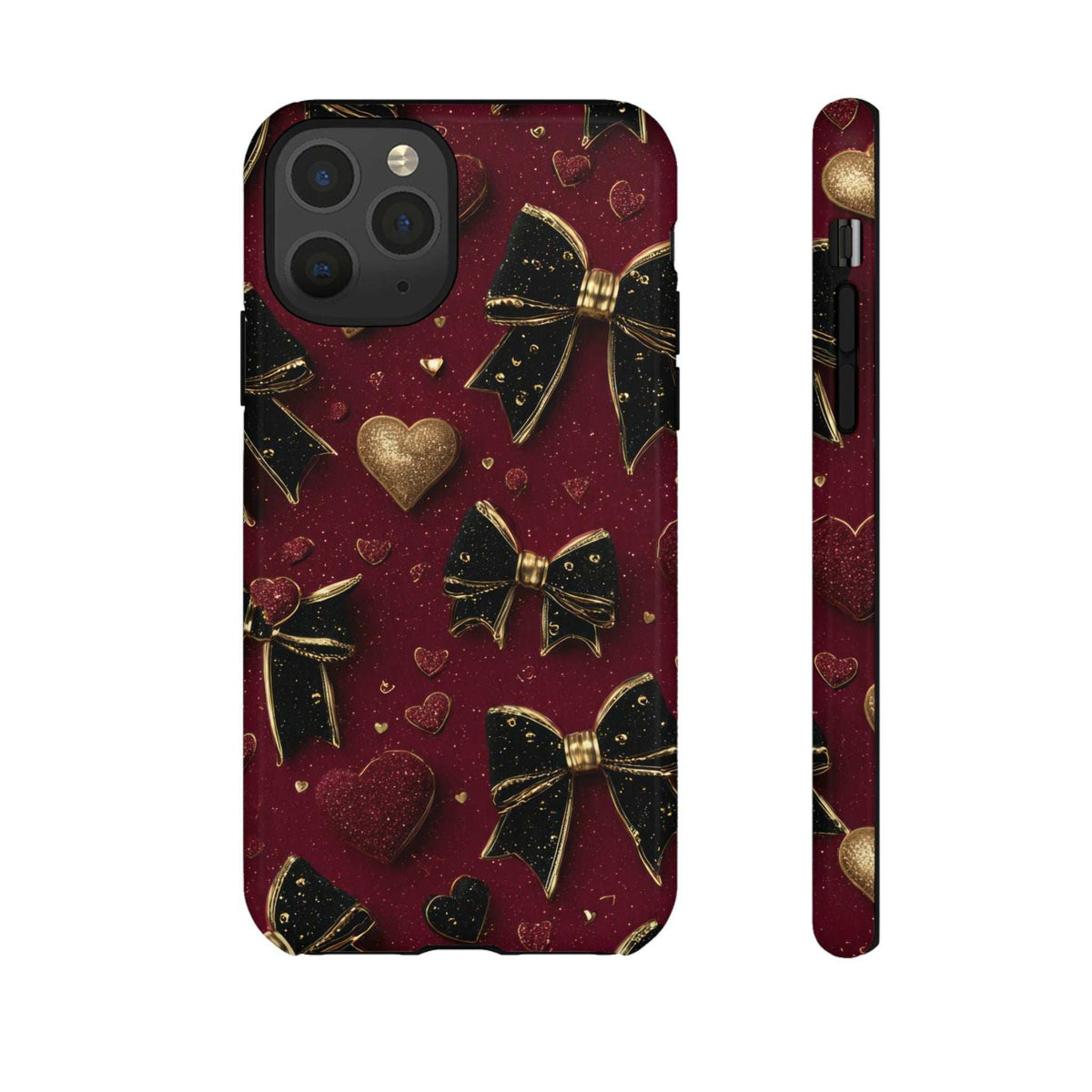 Maroon glossy Valentine charm phone case with gold hearts and bows, front view.