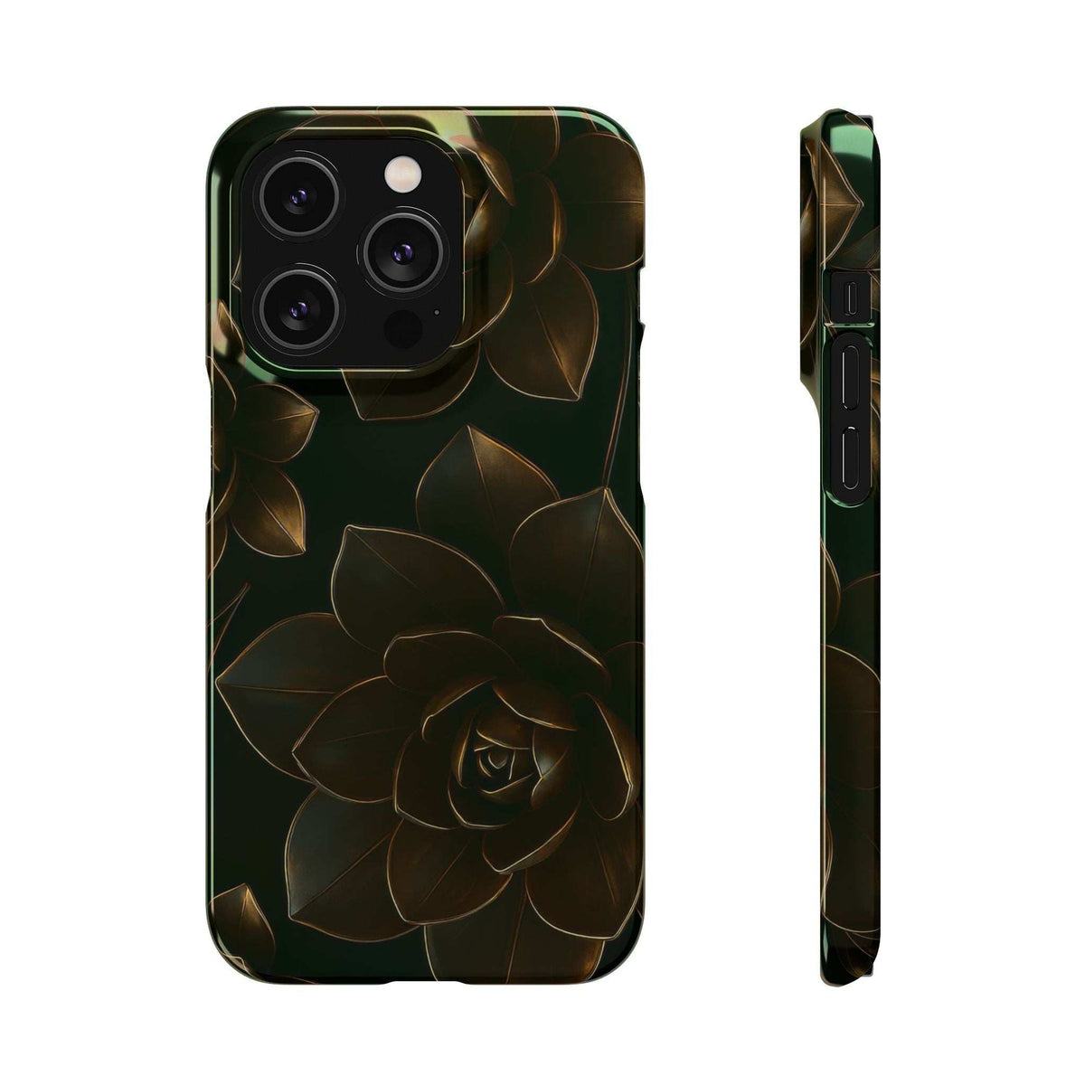 Glossy black phone case with gold rose and leaf metal-flower pattern, back view