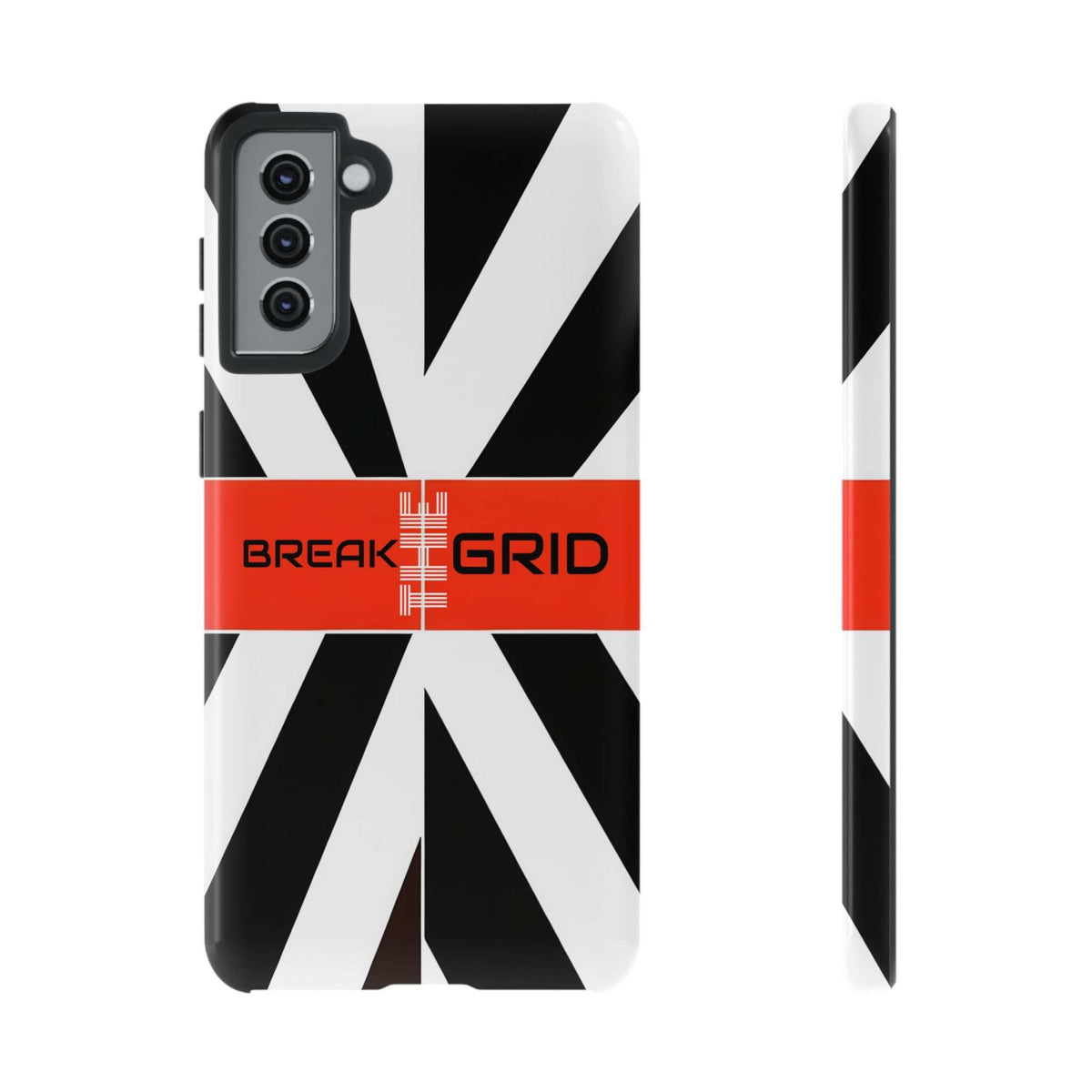 Phone case with black-and-white geometric stripes, red "Break Grid" band, front and side view.