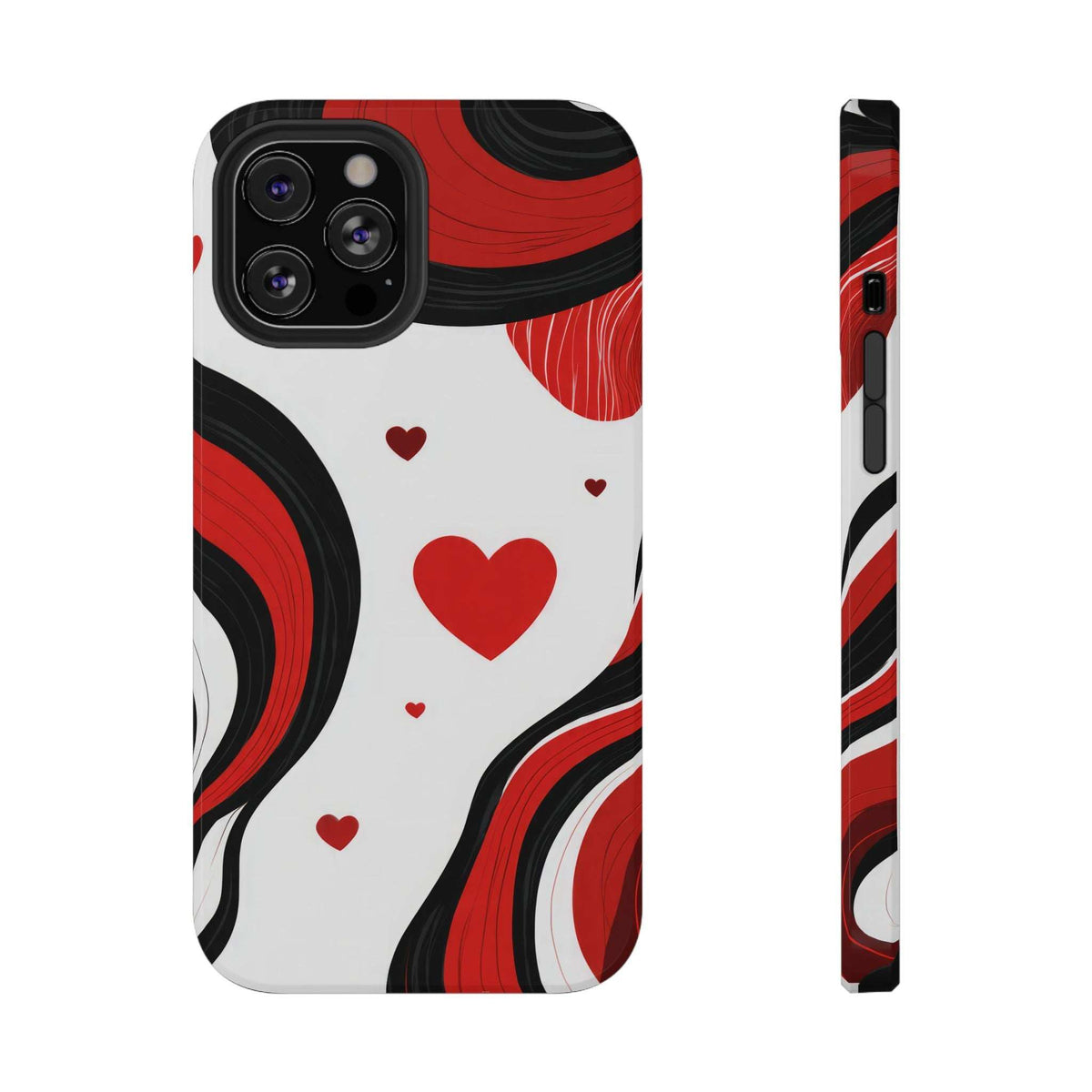 Glossy phone case angled view with red heart and swirl pattern, camera cutouts