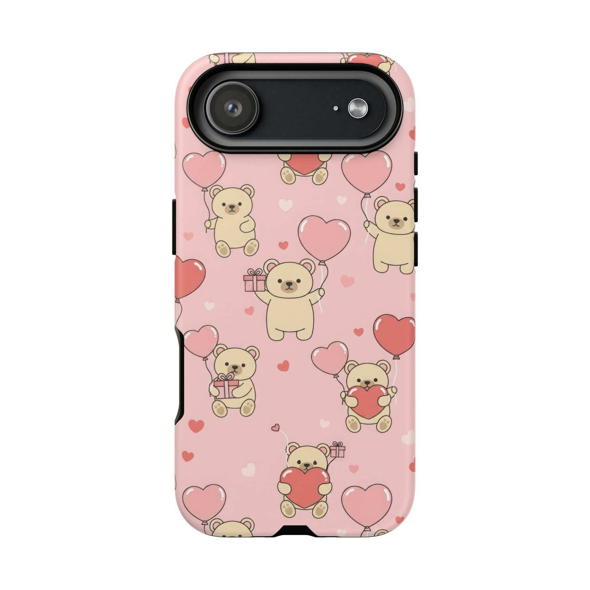 Pink phone case with teddy bears and hearts pattern, large single camera cutout
