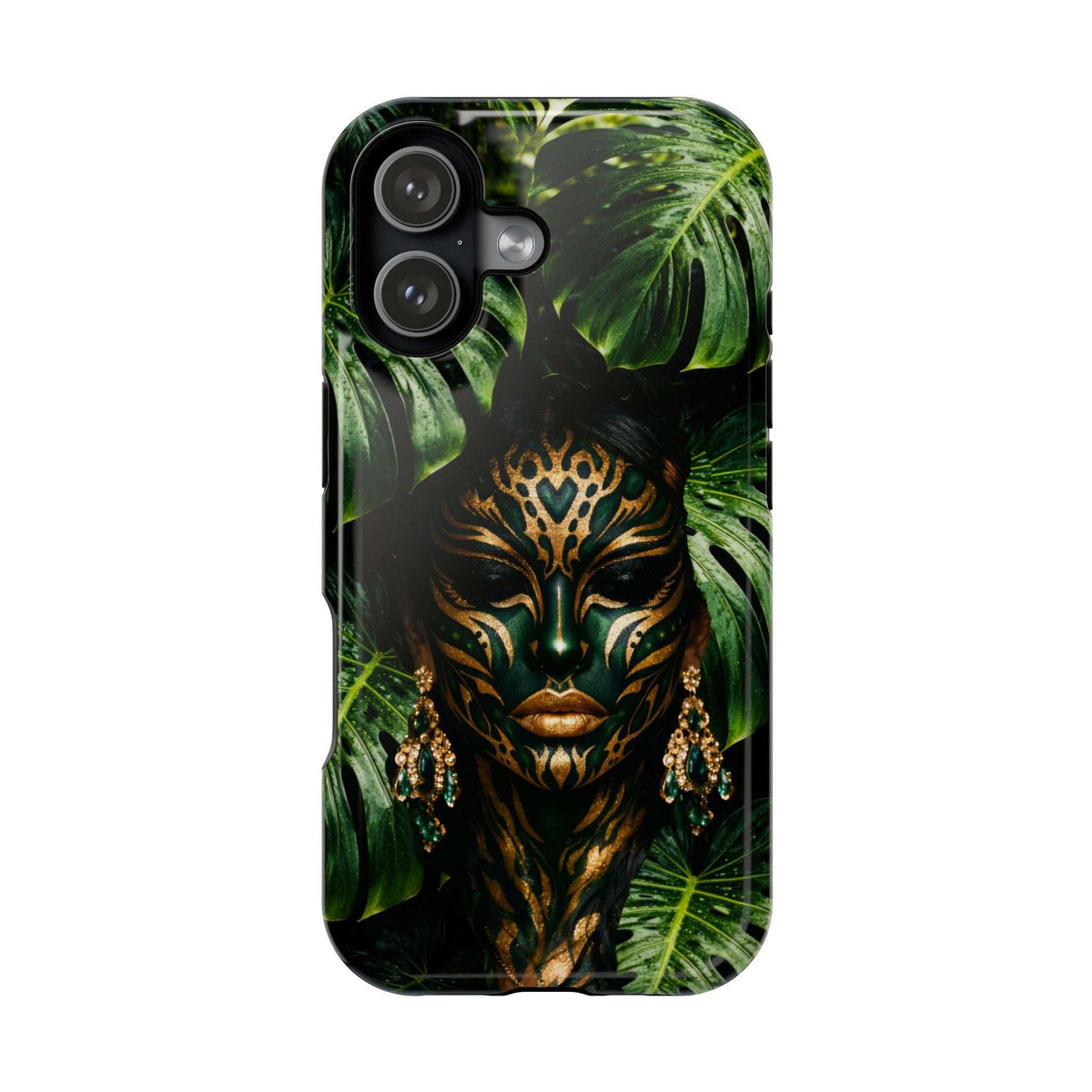 Phone case with jungle spirit mask and tropical foliage, showing triple rear camera cutouts