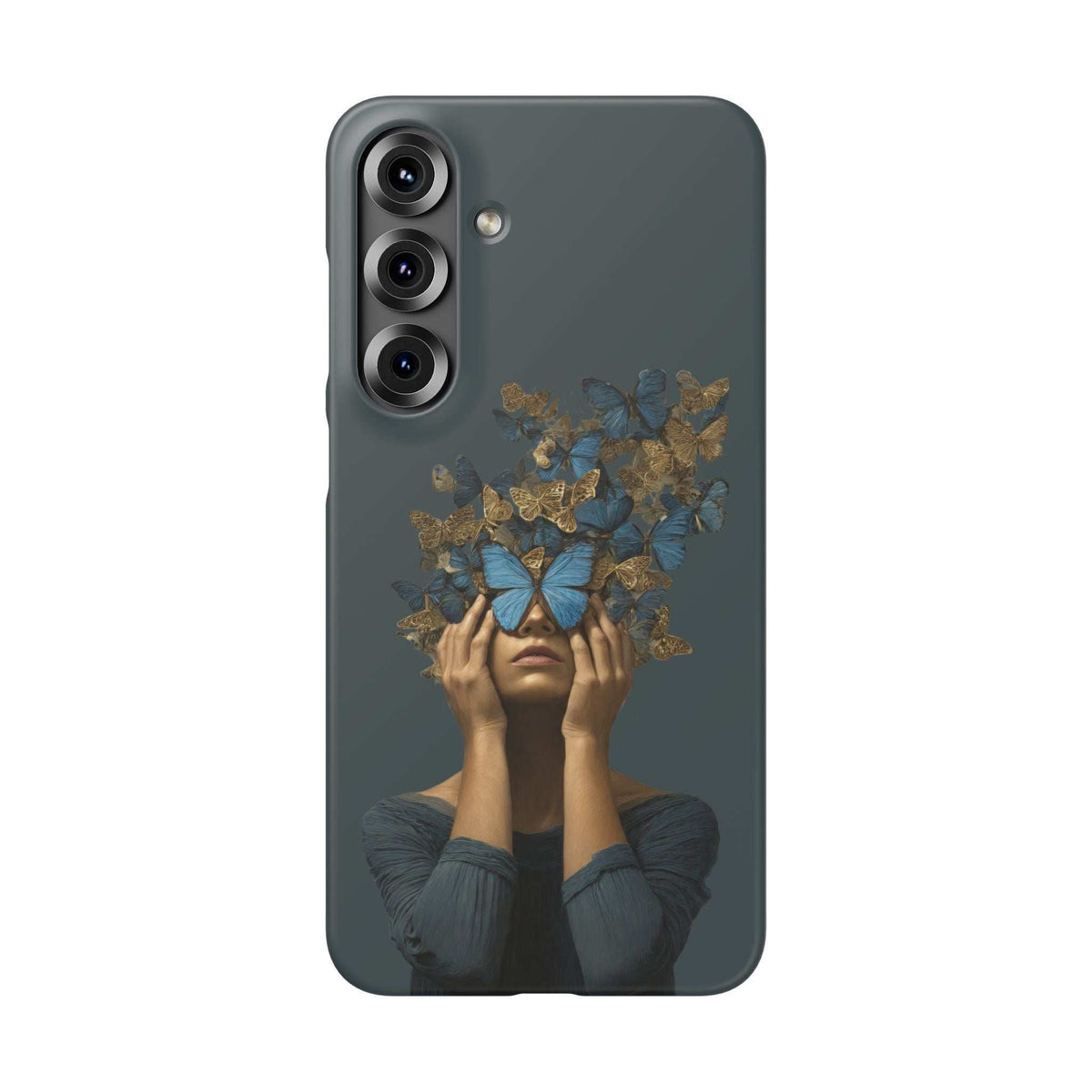 Matte dark gray phone case with blue butterfly design, woman’s hands and face art