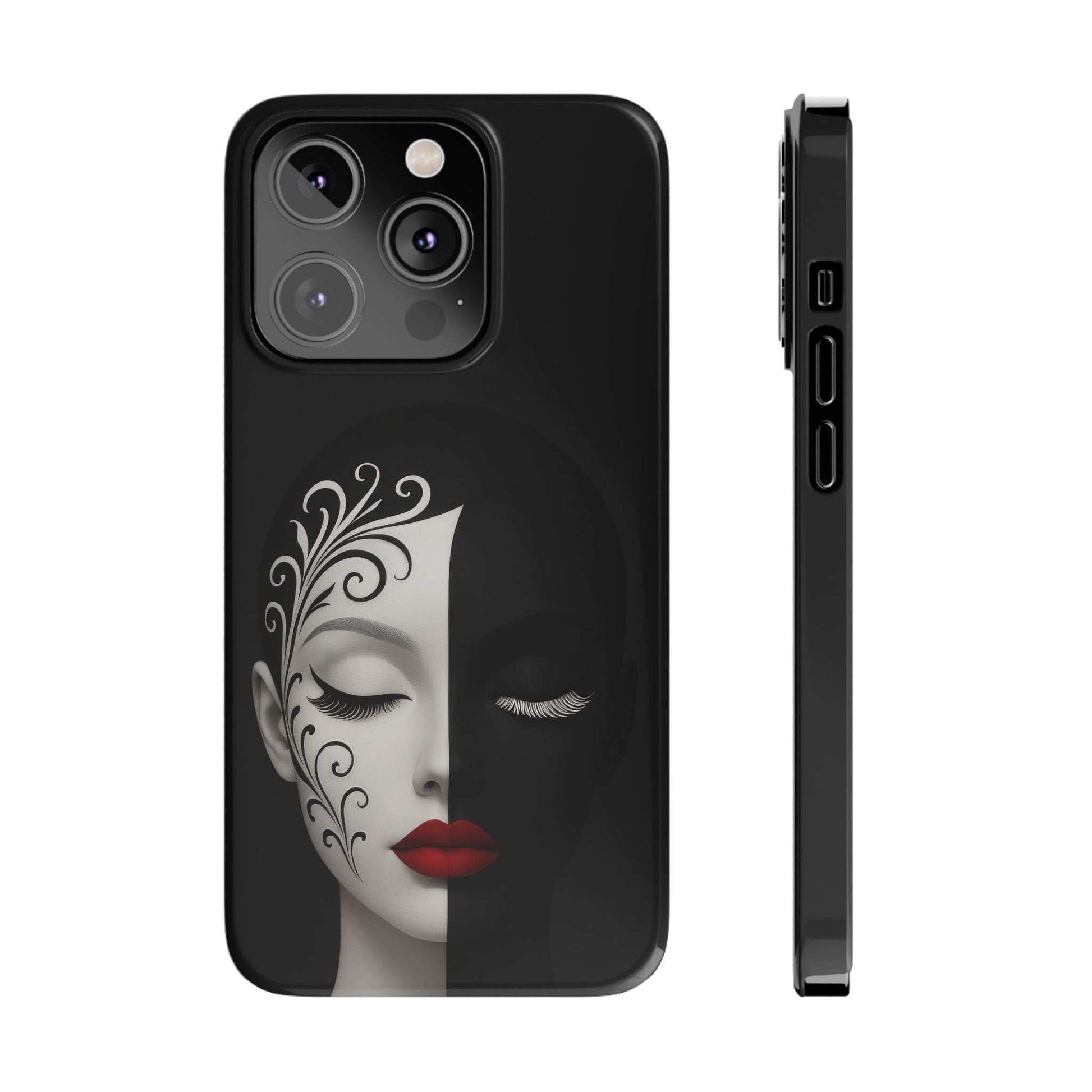 Black phone case with elegant half-face design, red lips, and side button cutouts