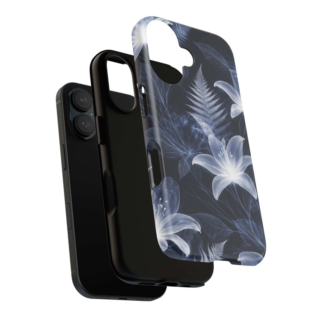 Dark blue floral phone case with white blossoms and fern lines, side opening and camera window