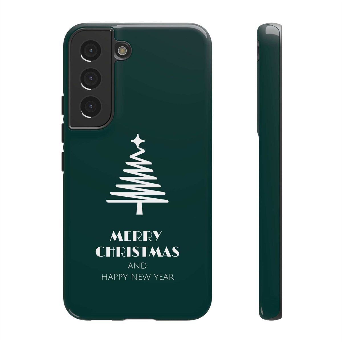 Dark green glossy phone case with white Christmas tree and “Merry Christmas” text