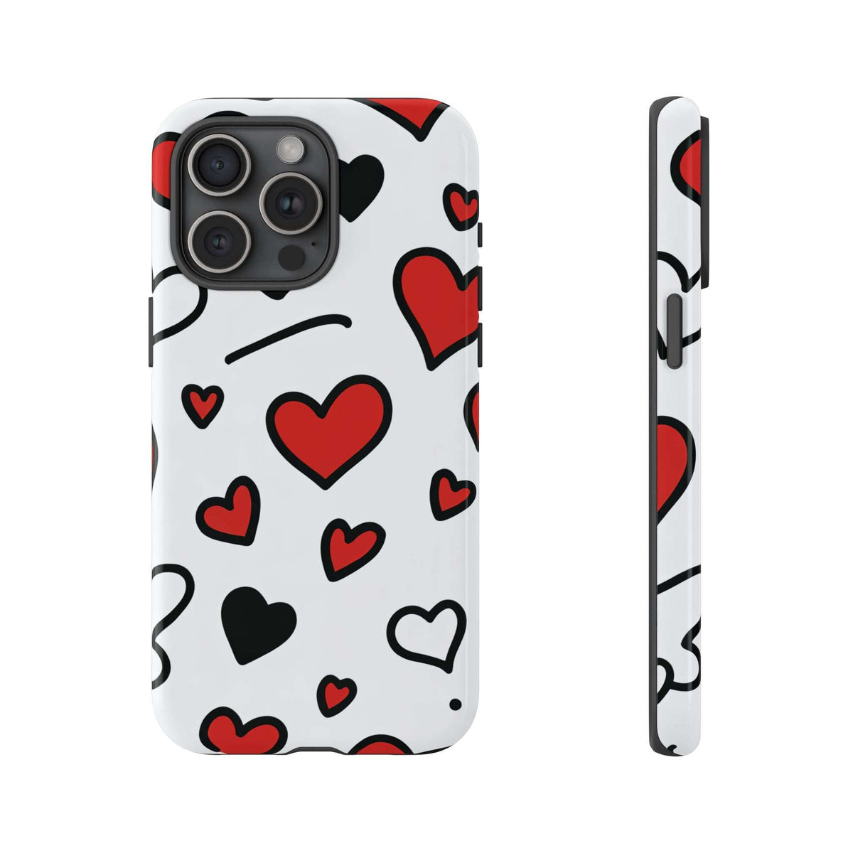 White phone case with scattered hearts pattern; front view with raised camera bump.
