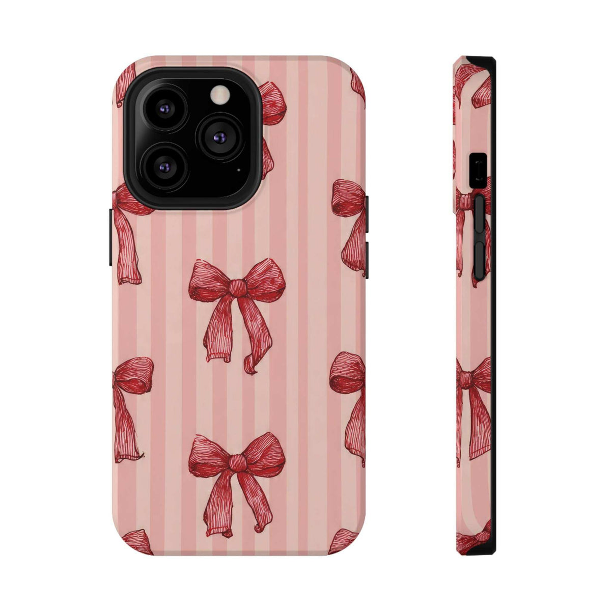 Pink phone case with vertical stripe background and red bows; back camera openings shown.