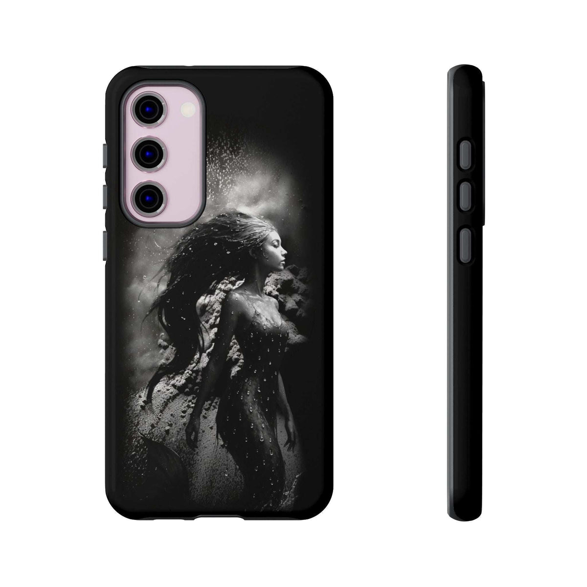 Black phone case with monochrome mermaid silhouette, pink-tinted lens accents and side buttons