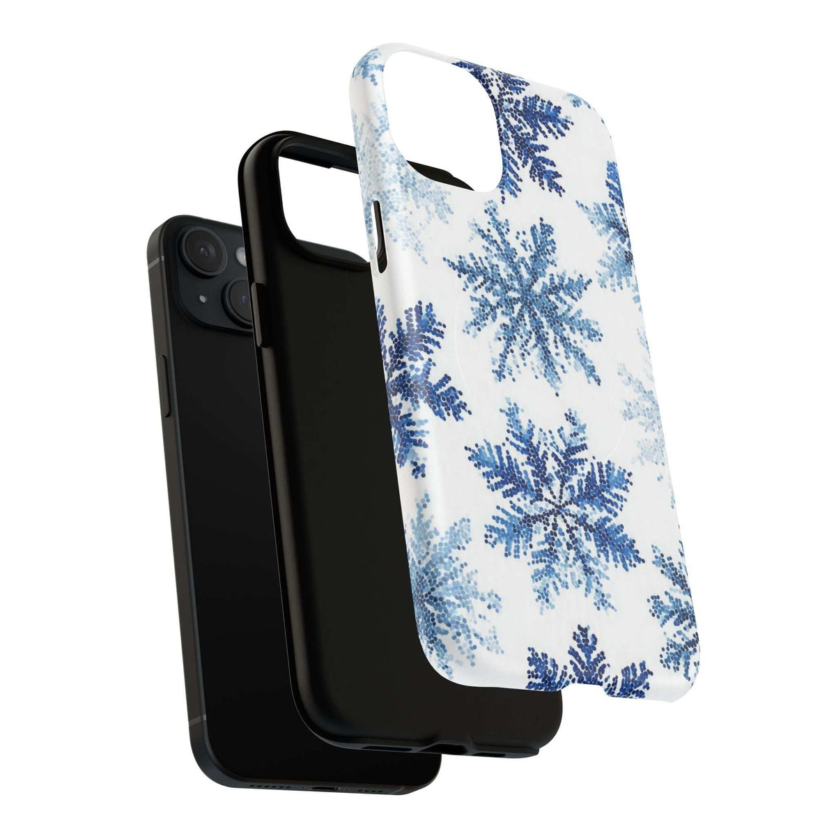 Snowflake phone case for iPhone, close angled view, white case with blue snowflakes