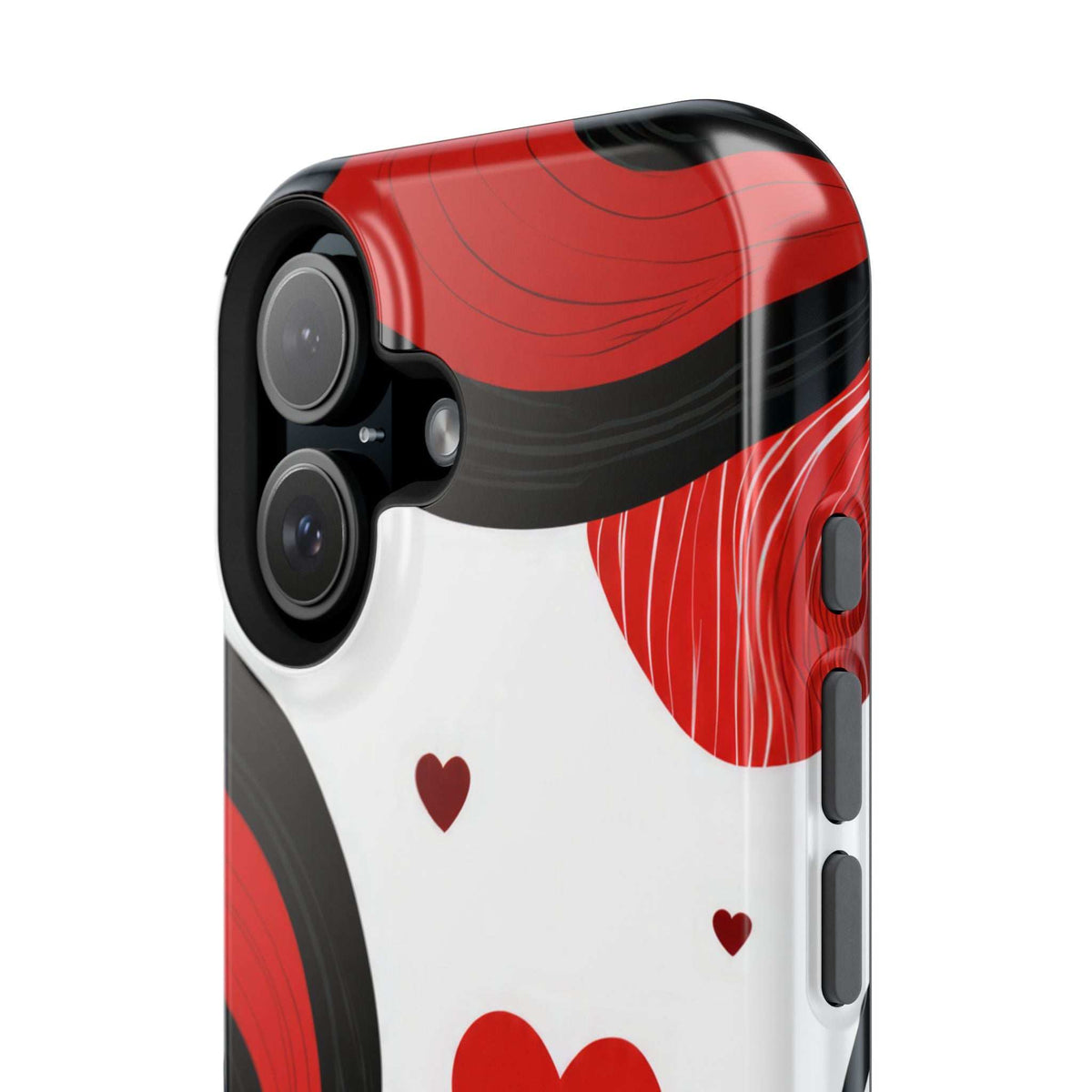 Glossy phone case with red wave stripes and small hearts; dual camera openings
