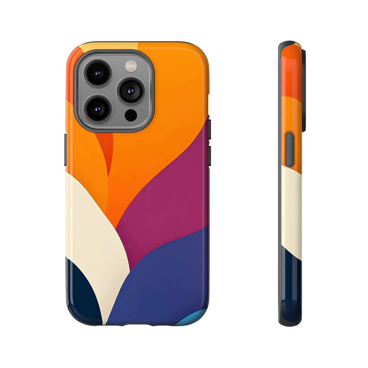 Abstract design phone case in orange, magenta, cream and navy with side button openings