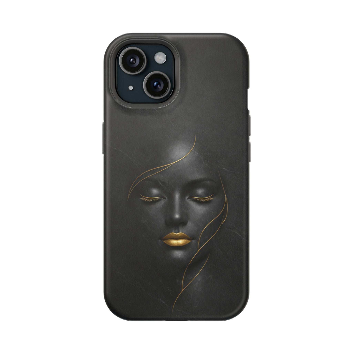Black phone case with gold face illustration; raised camera cutouts.