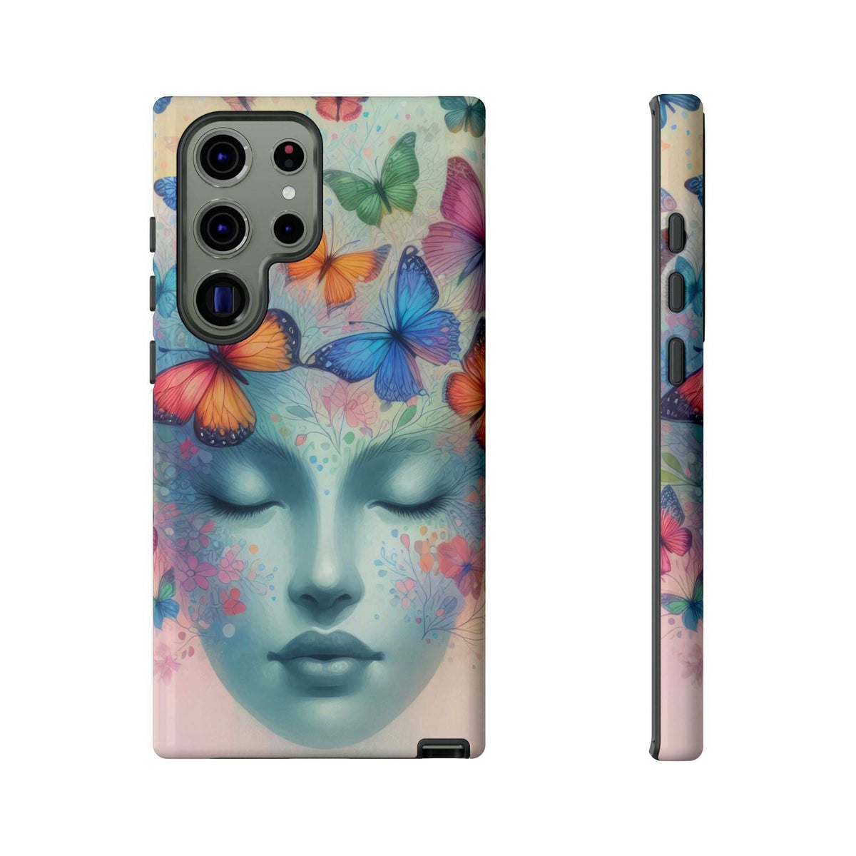 Phone case with butterfly and portrait illustration, camera cutouts and side profile view
