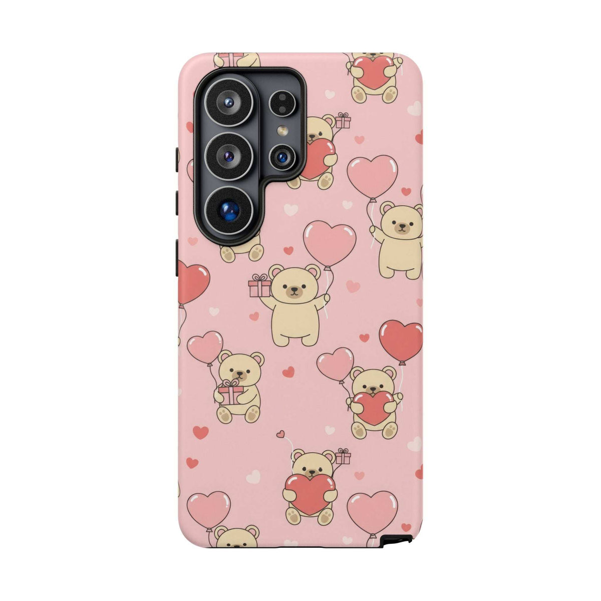 Pink phone case with teddy bears and hearts pattern, rear view with quad-lens camera