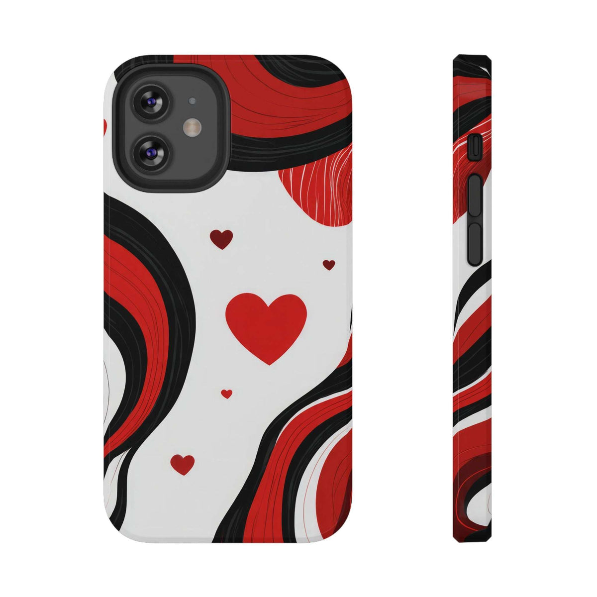Glossy phone case side view with red heart and swirl pattern, button cutouts