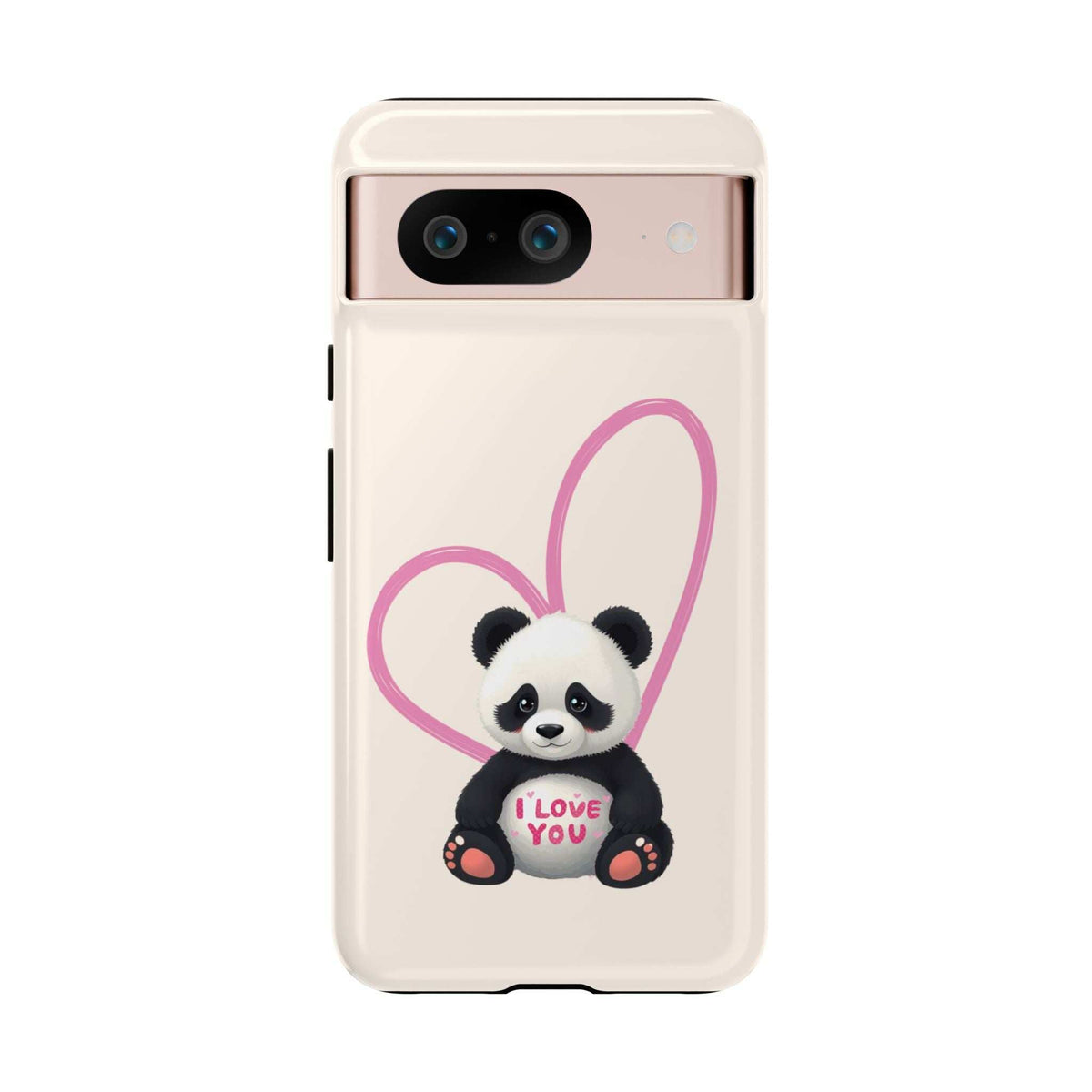 Cream phone case back with panda in pink hearts and top camera opening