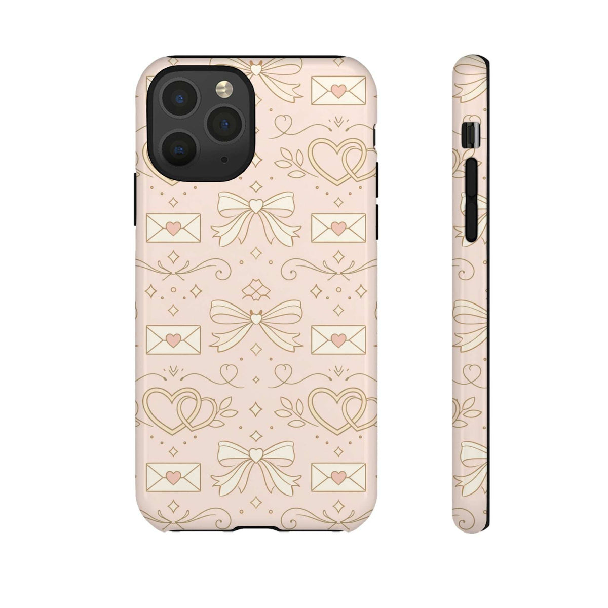 Light pink tough phone case with gold hearts, bows, and envelope pattern; front and side