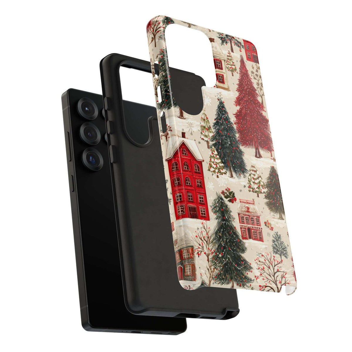 Phone case with winter village design, visible side edges and raised camera protection