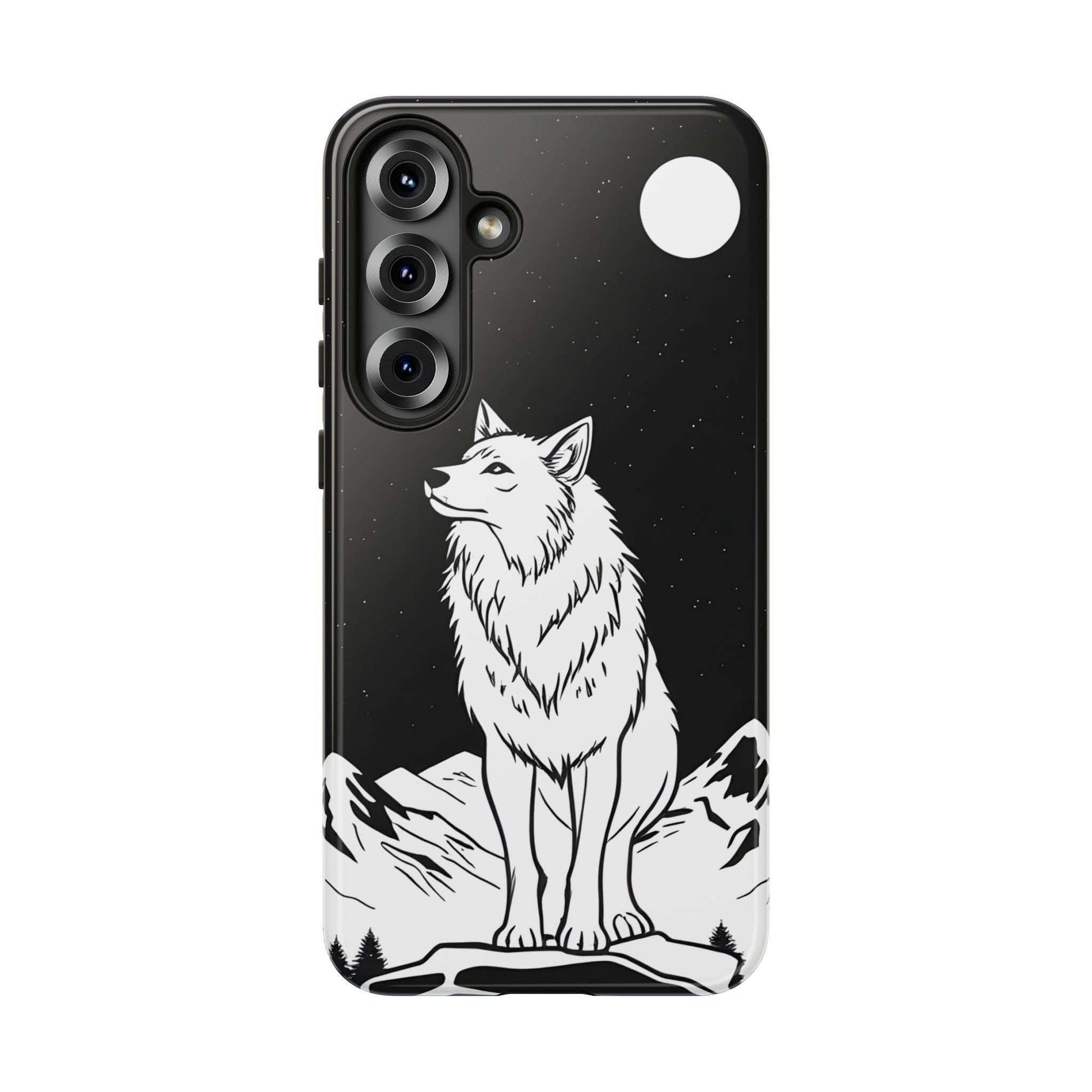 Black phone case featuring a wolf illustration, camera lenses, and circular top accent