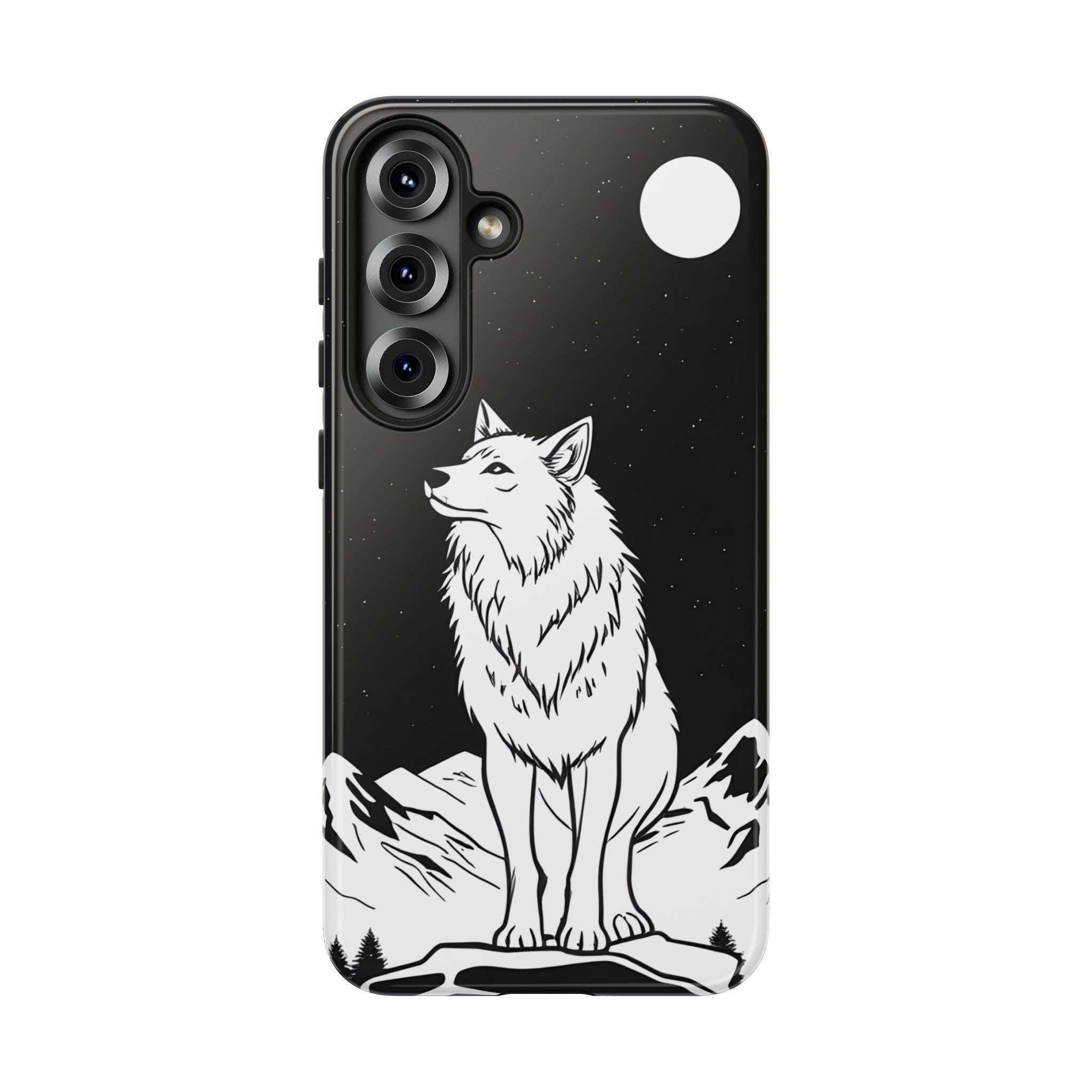 Black phone case featuring a wolf illustration, camera lenses, and circular top accent