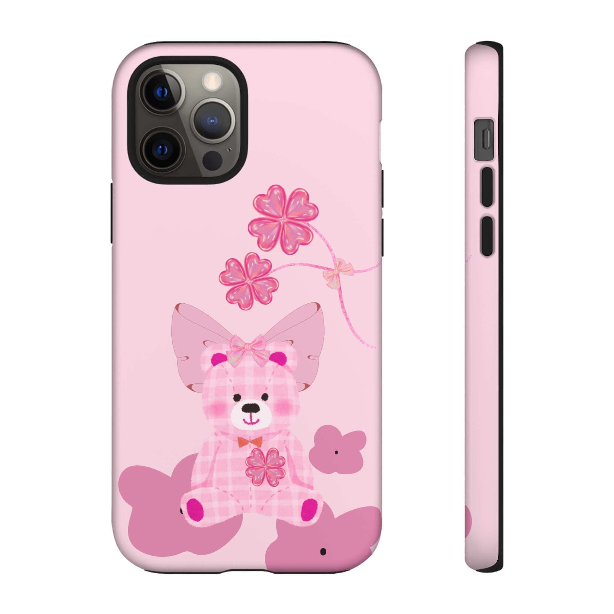 Pink teddy bear phone case with floral bow and heart shapes; back and side profile.