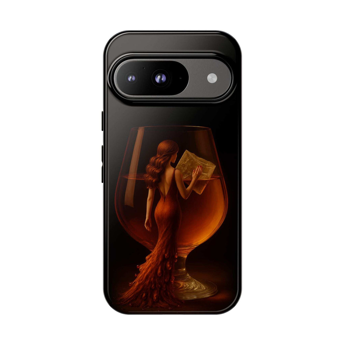 Glossy dark phone case with lady reading an open book and oval raised camera cover