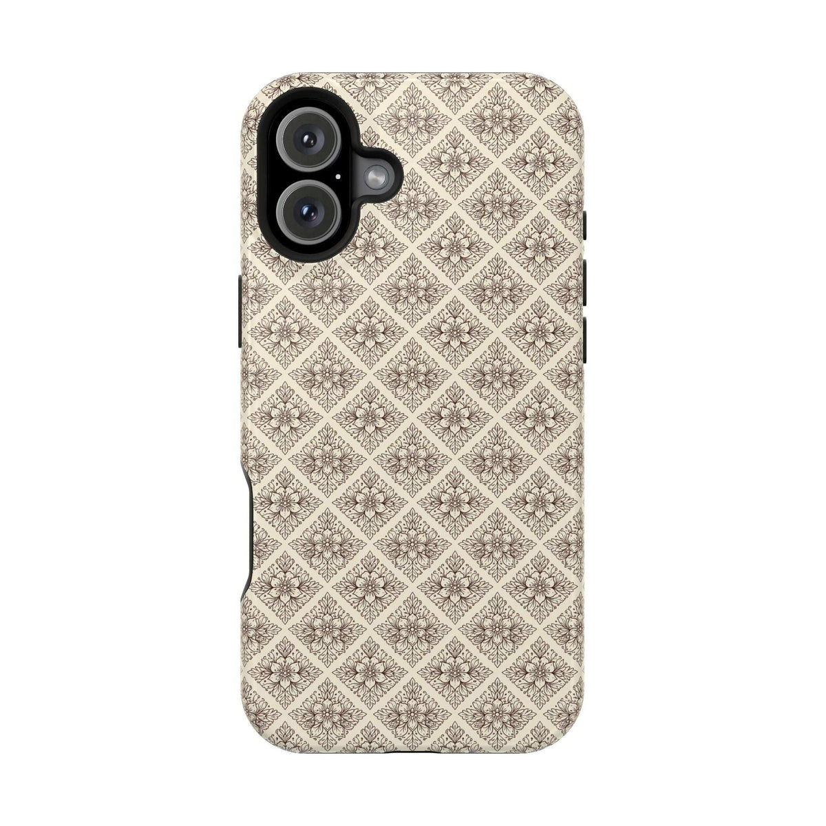 Ornate phone case for iPhone 13-17, cream diamond floral pattern and precise camera openings