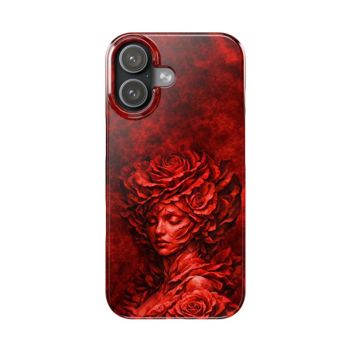 Slim phone case with red rose and angel-face artwork, camera lenses shown